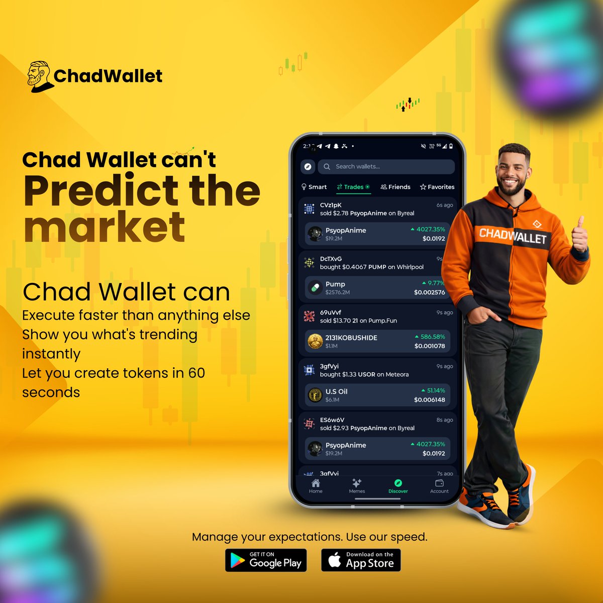 Chad Wallet can't:

Predict the market
Make you a better trader
Stop you from buying obvious rugs

Chad Wallet can:

Execute faster than anything else
Show you what's trending instantly
Let you create tokens in 60 seconds

Manage your expectations. Use our speed.