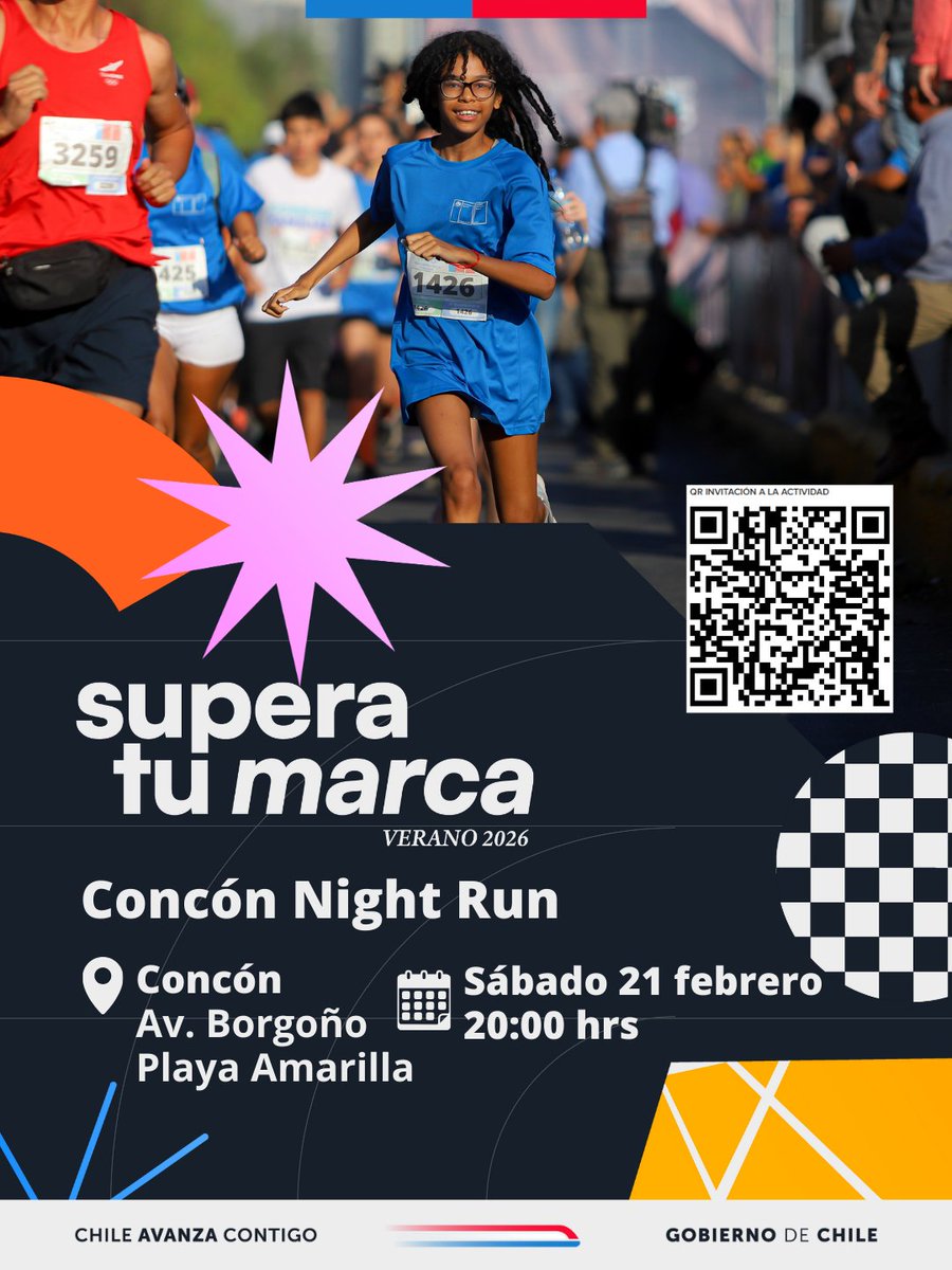 MindepValpo's tweet photo. Se parte de la gran corrida nocturna gratuita en 3K y 5K por el borde costero de @municoncon - inscríbete usando el código QR 👇 https://t.co/qeoePxsJOZ