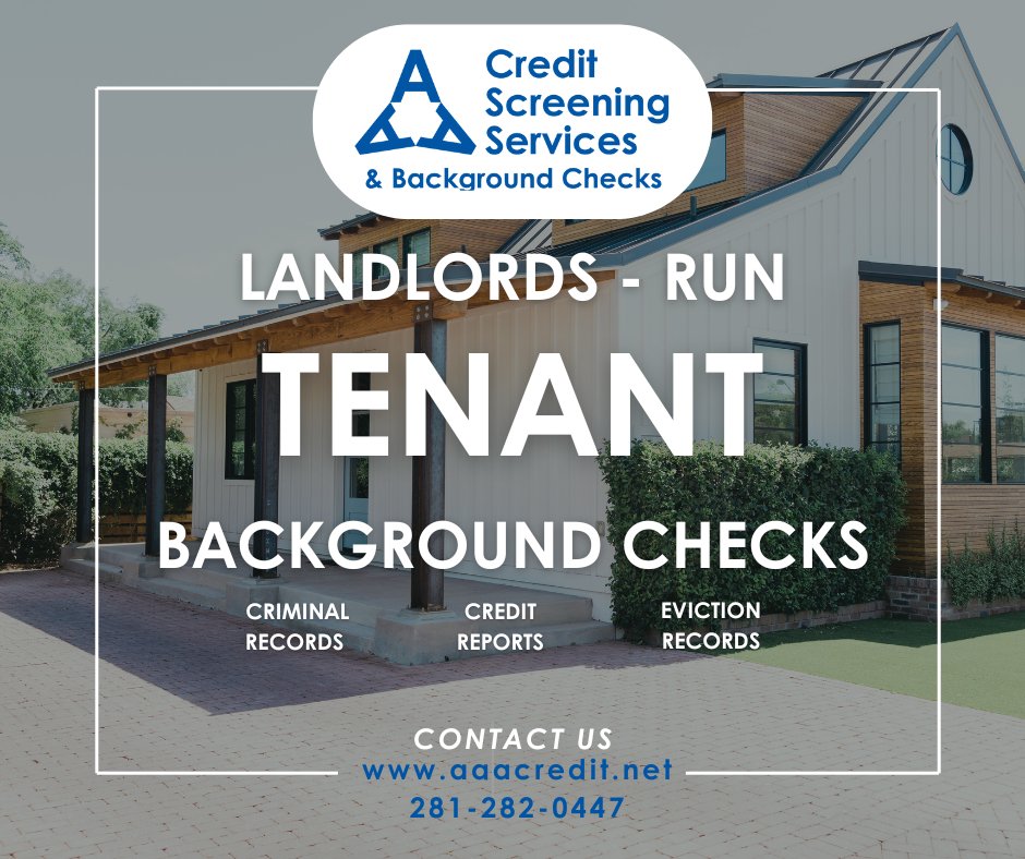 AAACreditScreen's tweet photo. AAACSS provides complete background checks for landlords, including criminal records, credit reports, eviction records, income verification and landlord reference checks. 
FREE signup - help protect your investment. https://t.co/UbXSoQ02ln
#creditreports #tenantscreening https://t.co/pQirsyZzg6