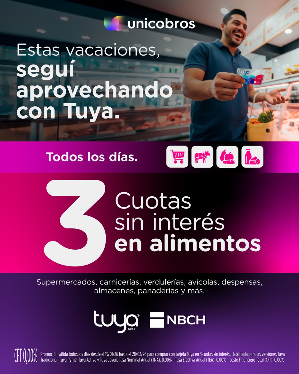 Estas vacaciones, sumá más ventas en tu comercio 💜
Ofrecé 3 cuotas sin interés en alimentos con Tarjeta Tuya NBCH.

👉Con Unicobros, cobrás fácil, rápido y con los beneficios que tus clientes buscan.

🤝Vos vendés. Nosotros te acompañamos.