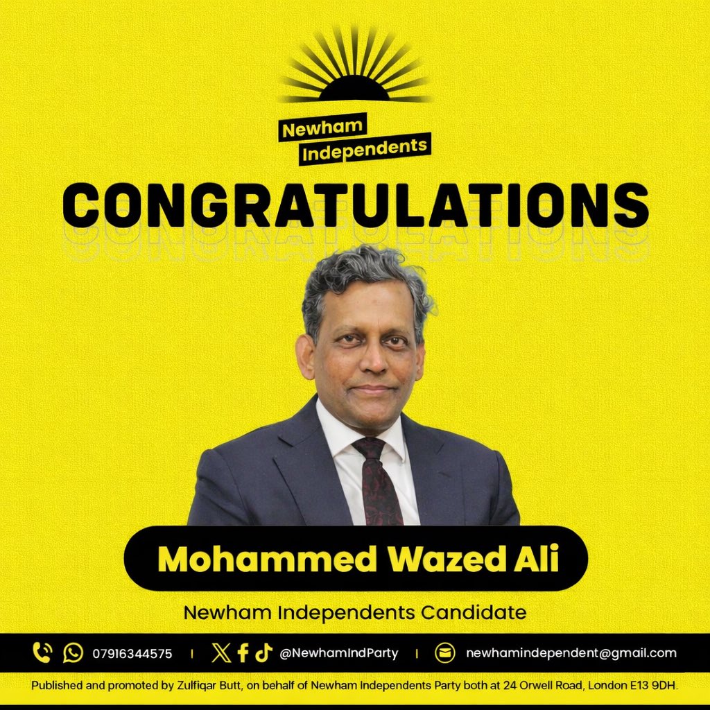 NewhamIndParty's tweet image. 🎉Congratulations to Mohammed Wazed Ali on being selected as a Newham Independents councillor candidate for the May 2026 local elections.
Wishing you every success on this exciting journey!

#NewhamIndependents #LocalDemocracy #TeamNewham