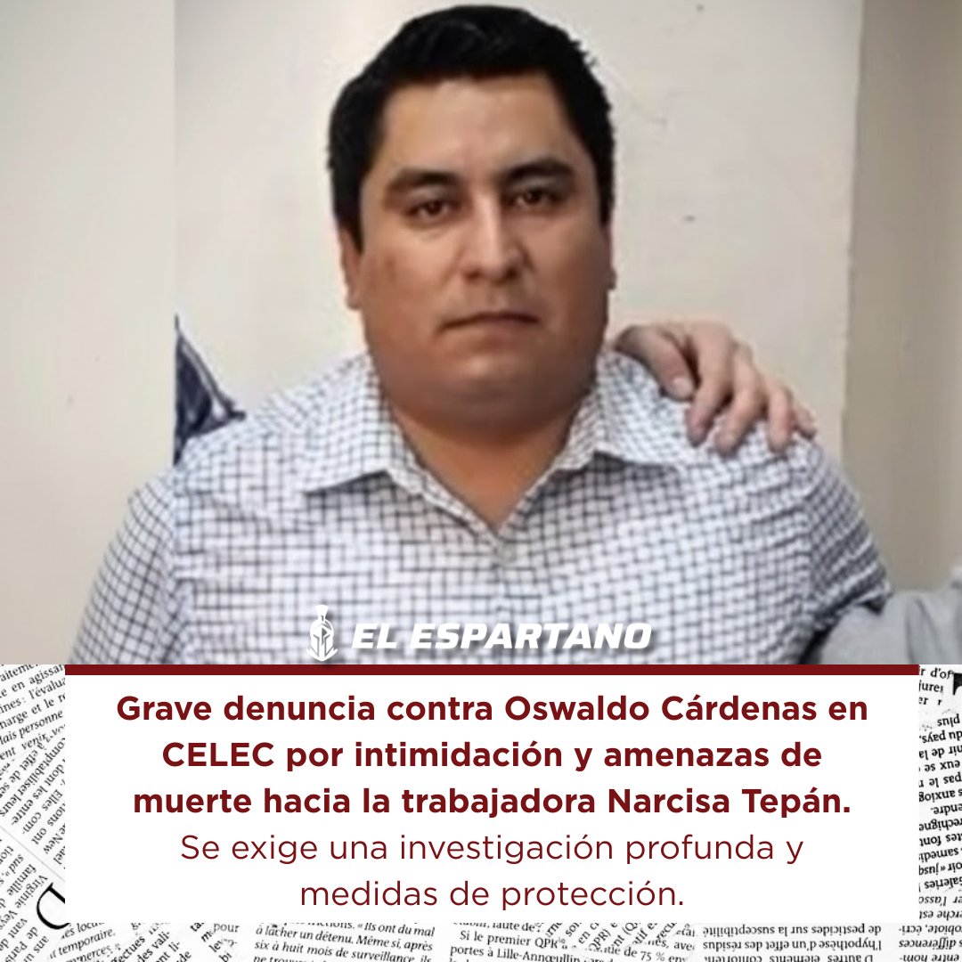 ElEspartanoEc's tweet photo. 🎤Oswaldo Cárdenas enfrenta una denuncia penal por intimidación y amenazas contra Narcisa Tepán. Se exige que la justicia actúe frente a estas agresiones que vulneran la seguridad y dignidad de las trabajadoras. https://t.co/f527TefKFj