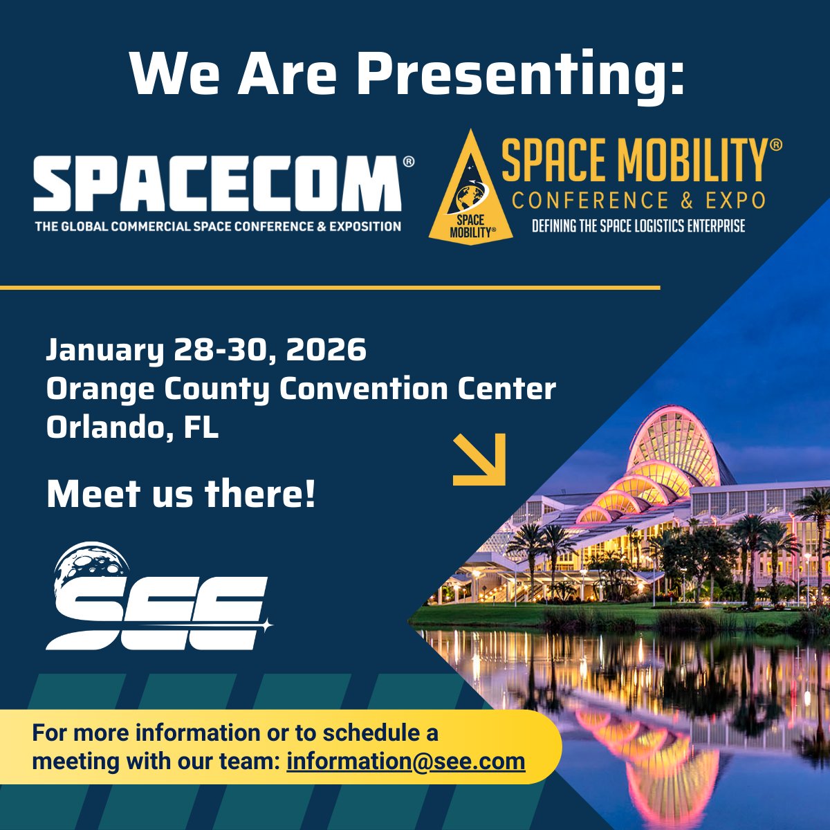 Heads up! We're heading to SpaceCom and Space Mobility in Orlando, Florida and we would love to connect. SpaceCom and Space Mobility are co-located at the Orlando County Convention center and the events run from January 28 - 30th. We will be presenting on Friday, January 30th -