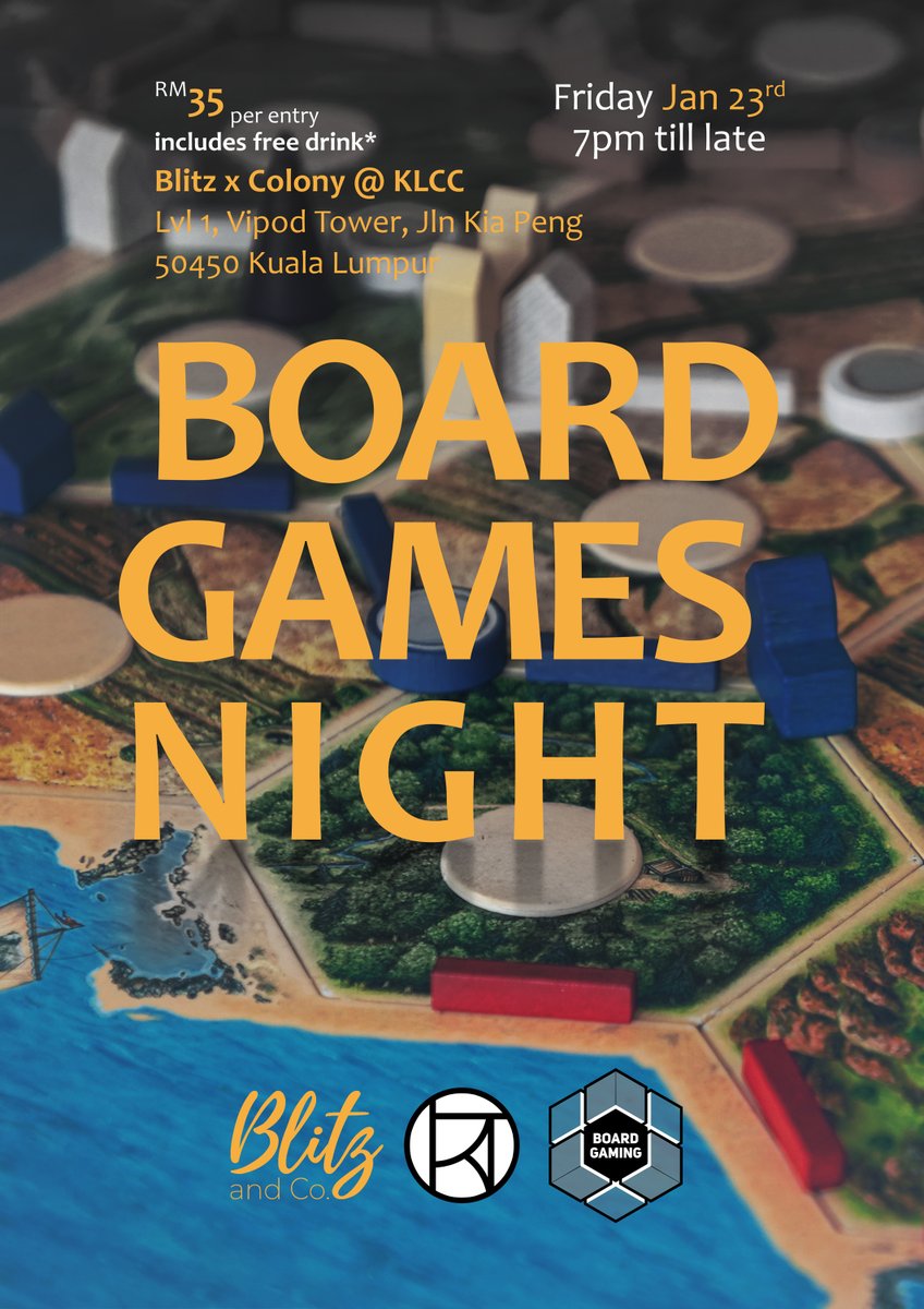 boardgamingMY's tweet photo. Board Games Night
🗓️ Penultimate Fridays, Monthly
⏰ 7pm onwards
📍 @blitzxcolony
Level 1, Vipod Residence Tower,
Jalan Kia Peng,
50450 Kuala Lumpur
--- 
ℹ️ More info: https://t.co/M303CnOk0f 
🎟️ Book now: https://t.co/FAO0QOvLZK https://t.co/vcmaTY9nuZ
