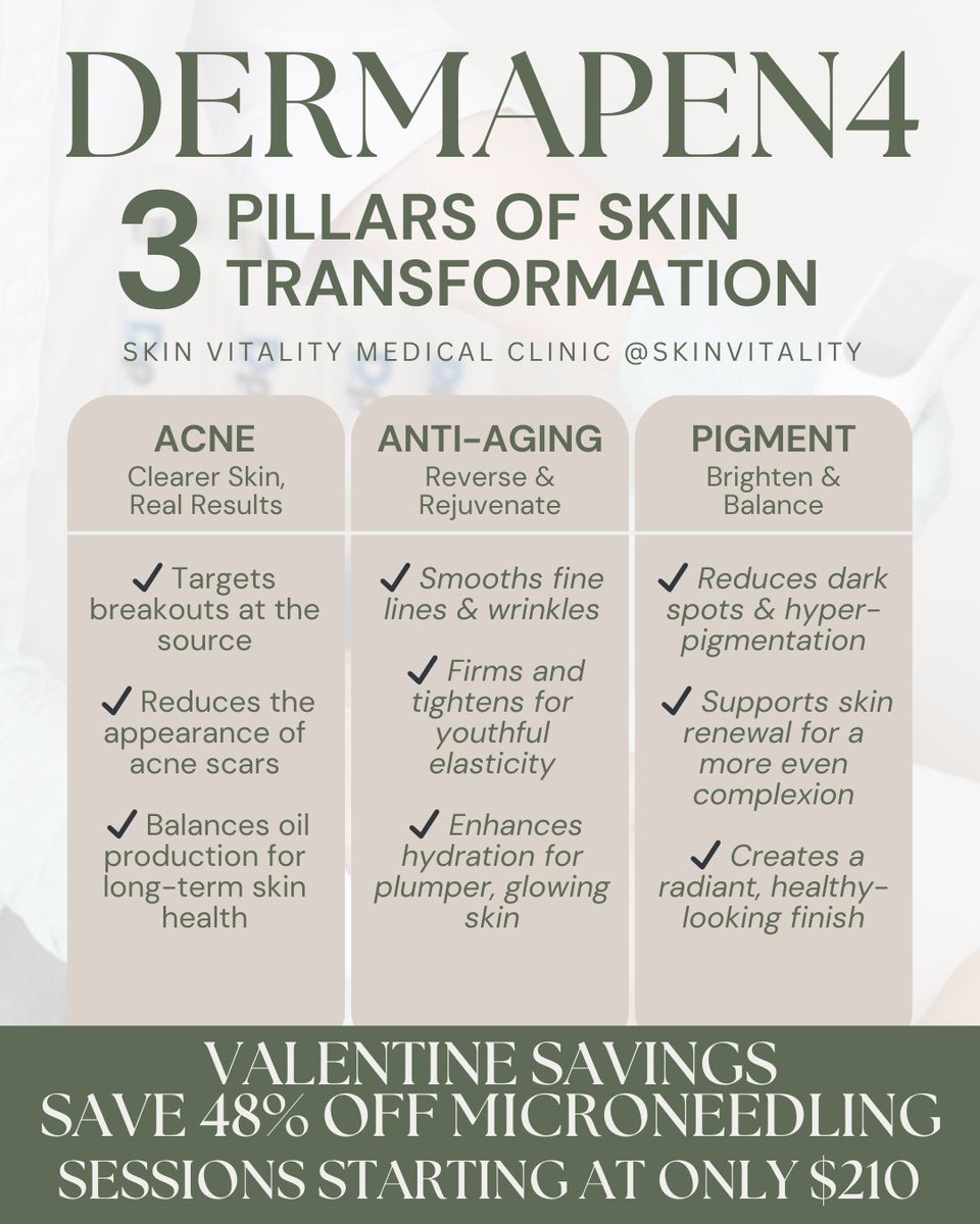 SkinVitality's tweet image. Dermapen4™ Microneedling supports smoother texture, clearer tone, and collagen renewal over time ✨
Often used for acne scars, pigmentation, and early signs of aging. Individual results vary.

📌 Complimentary consultations and personal assessments available!
#Microneedling
