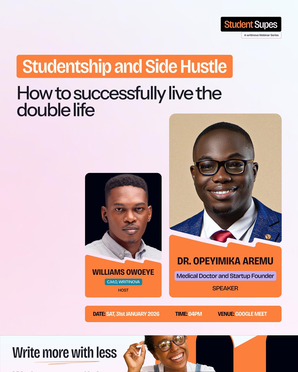 Big 2026 and you’re a #student with no side hustle? 😭
How are you surviving this economy?

Start the year right with a practical webinar on how to start and properly manage a #sidehustle as a student. 
Zero motivational speech. 100 real life hacks

🗓️ Jan 31
⏰ 4 PM
