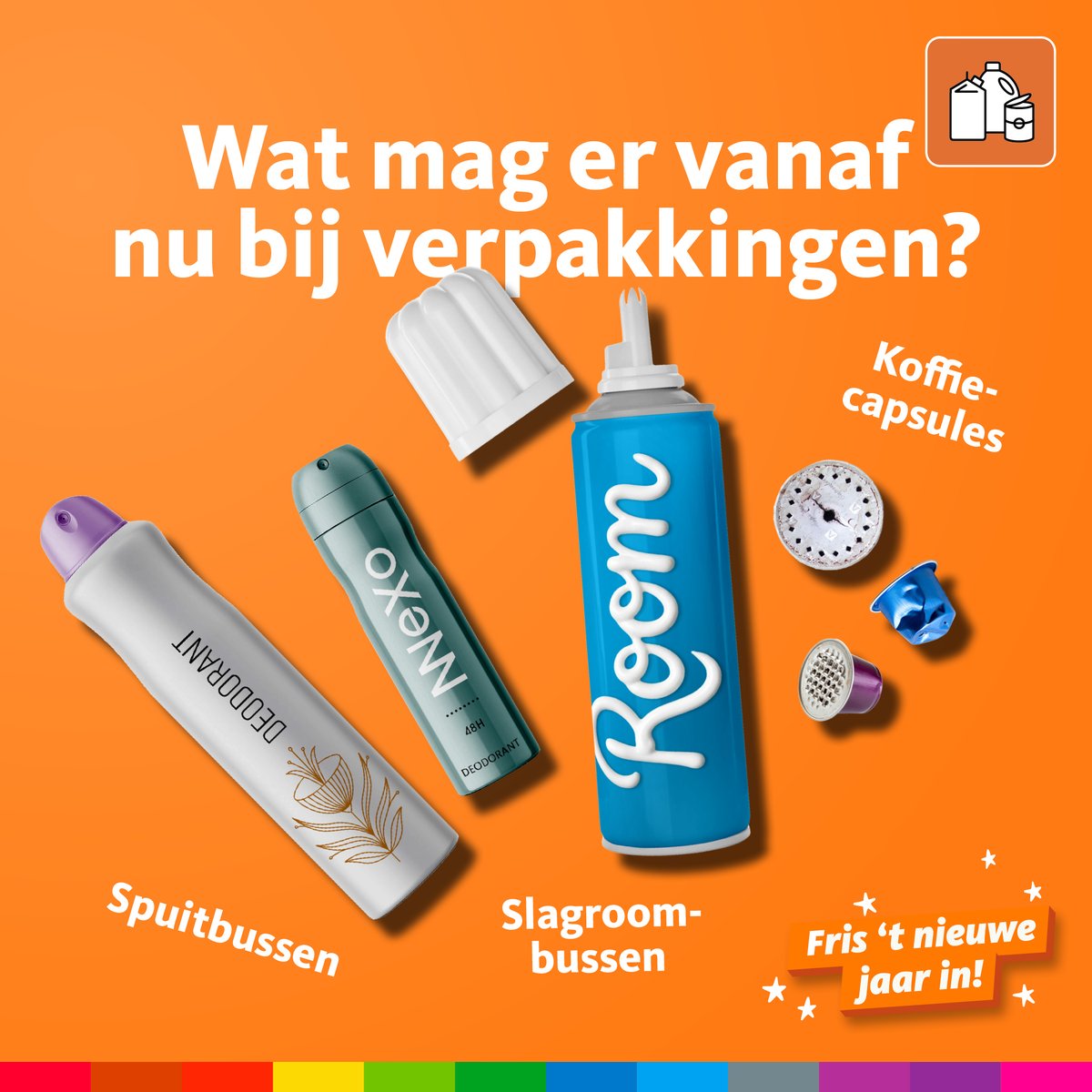 TwenteMilieu's tweet photo. ♻️ Goed nieuws! Sinds deze maand kun je ook spuitbussen én koffiecapsules in de verpakkingencontainer kwijt. 🙌 

In de verpakkingencontainer mogen lege verpakkingen van plastic, blik en drinkpakken. Twijfel je? Doe de check! Meer info: https://t.co/hjZtduZiSe https://t.co/og7ILBaIEo