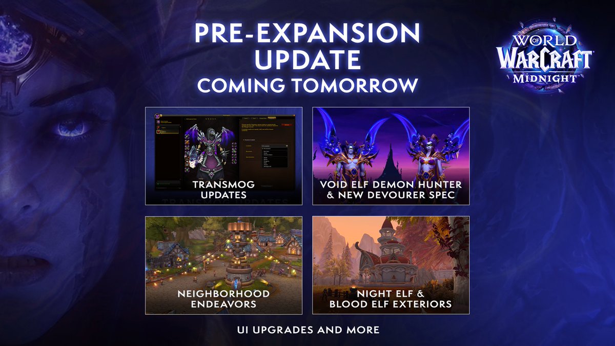 Warcraft's tweet image. We keep ticking down to Midnight… 

👔 Updated Transmog System
🦇 Devourer Spec
🏘️ New Housing Options + Endeavors

And more going live TOMORROW with Midnight’s Pre-Expansion Update!