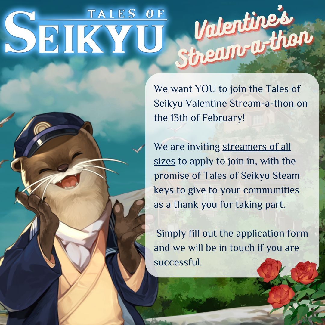 TalesOfSeikyu's tweet image. Calling all #streamers! We want YOU to take part in our #TalesOfSeikyu #Valentine’s Stream-a-thon 💘 Find out more below and apply to take part here: fireshinegames.jotform.com/260122940629050