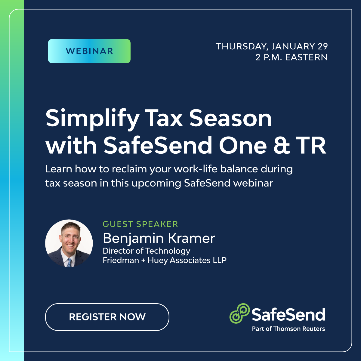 Join our webinar on January 29th to see how the SafeSend + Thomson Reuters integration can transform your firm's busy season. Learn how to streamline workflows, improve client communication, and save time where it matters most. Register now: ow.ly/J7mg50XQbf9
