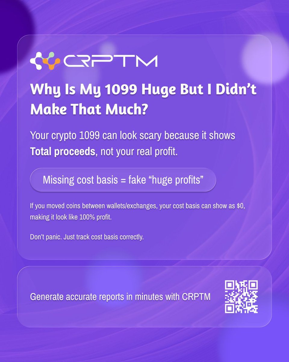 xcrptm's tweet photo. Missing cost basis can make it look like you earned more than you did — and lead to huge tax bills.

With CRPTM, track your cost basis automatically in minutes and avoid overpaying on crypto taxes 

#CRPTM #crypto #IRS https://t.co/cXHZd6CfNW