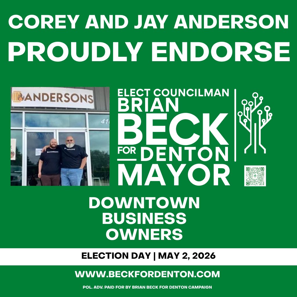 As downtown business owners, Corey and Jay Anderson invest every day in Denton’s creative economy and community life. Their belief in this campaign matters to me because they understand how local leadership shapes whether small businesses can truly thrive.