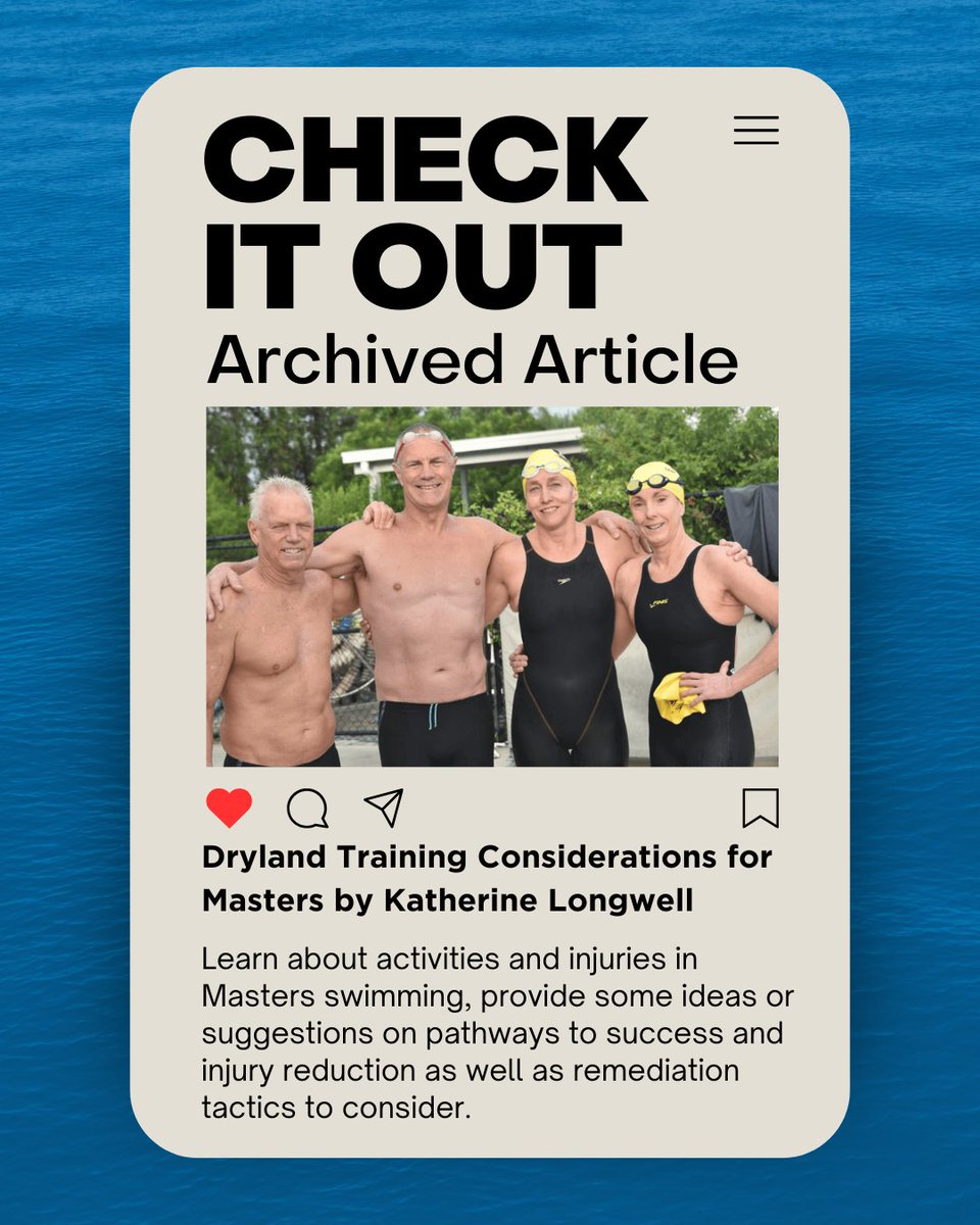 Our Archived Article for the month is Dryland Training Considerations for Masters by Katherine Longwell (2013). Read more at:
cdn.ymaws.com/swimmingcoach.…

#ASCA #ArchivedArticle #Dryland #Masters
