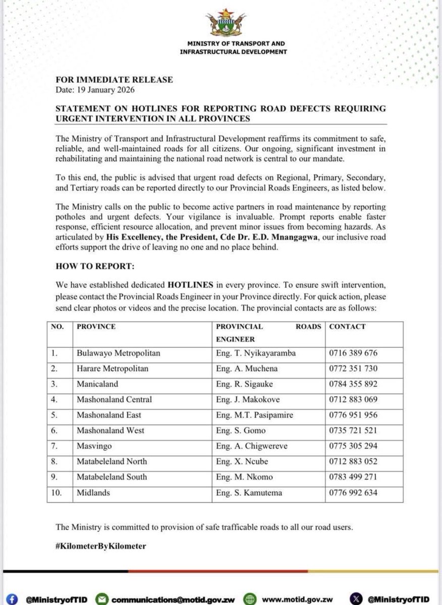 🔸Vanenge vachinyepedzera kusanzwa vanhu but trust me, when people speak loud enough, they’re forced to listen. 

I dare say there should be a better road monitoring system than waiting for citizens to report road defects. 

Under the Roads Act, the duty to maintain roads lies