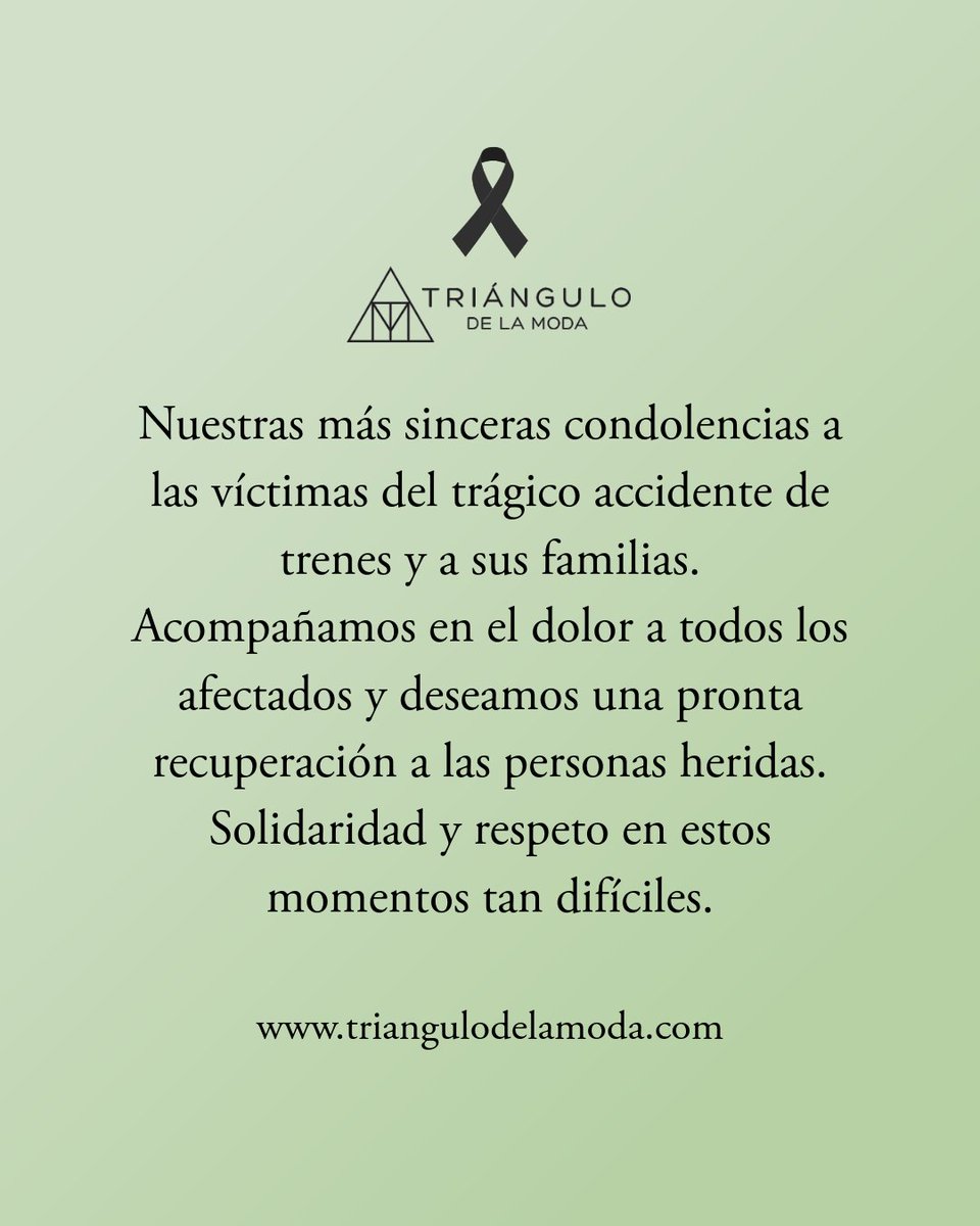 TrianguloModaM's tweet image. Nuestras más sinceras condolencias a las víctimas del trágico accidente de trenes y a sus familias.
Acompañamos en el dolor a todos los afectados y deseamos una pronta recuperación a las personas heridas.
Solidaridad y respeto en estos momentos tan difíciles.
