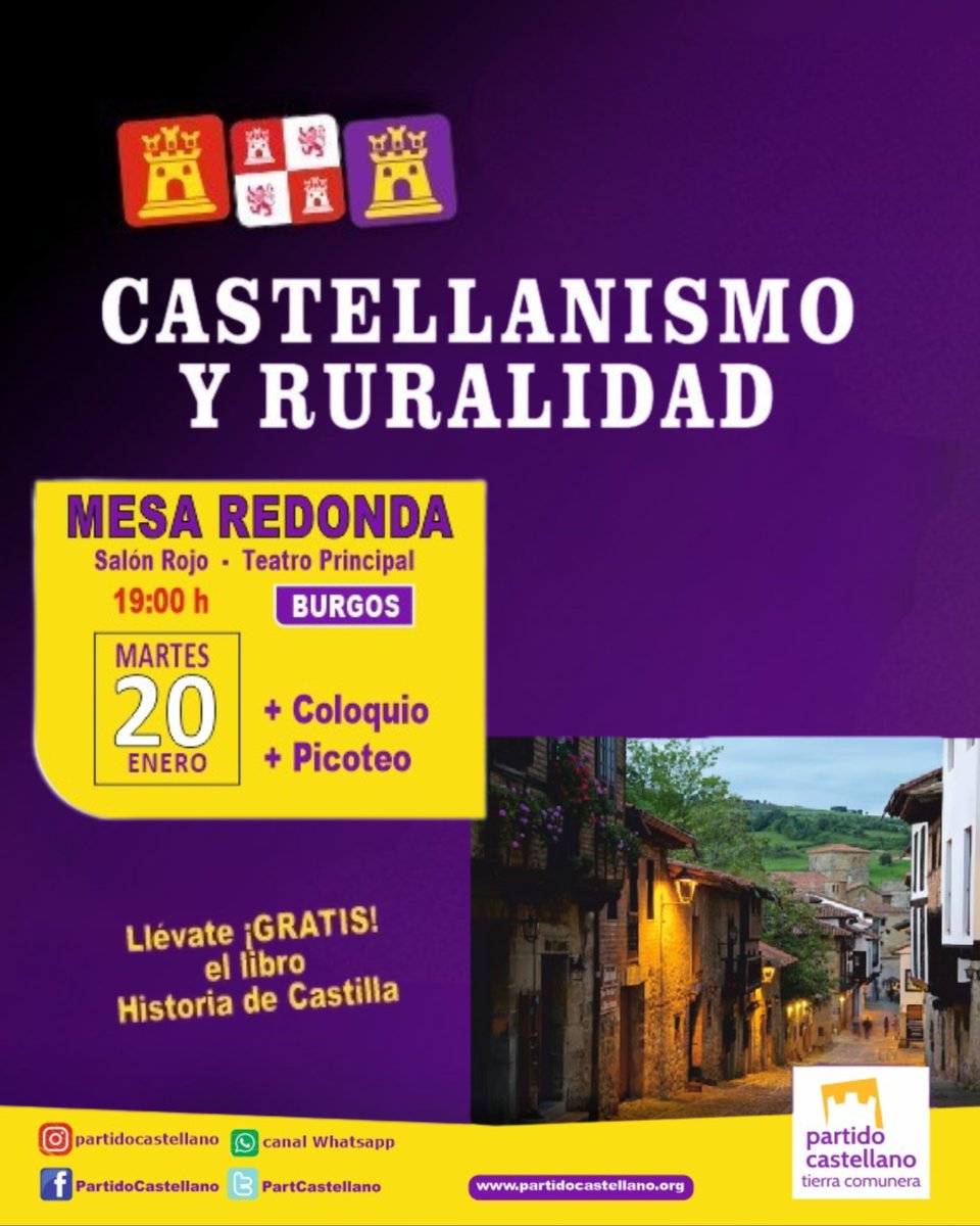 📢 Nos vemos mañana en Burgos
📚 Mesa redonda sobre Castilla
📍 Salón Rojo · Teatro Principal
🗓️ Martes 20 de enero
🔗goo.su/d2f5r9O
Coloquio abierto, comunidad y 📘 libro de historia de Castilla gratis.
¡Te esperamos! 
#castilla #burgos #cultura #pcastc