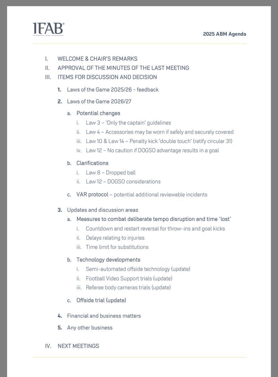 Some interesting items on IFAB’s ABM agenda, taking place tomorrow in London. Here is the agenda.

Possible sanctions for taking too long with throw-ins and goal kicks is how I’m reading point 3.

#ifab #footballlaws #Football