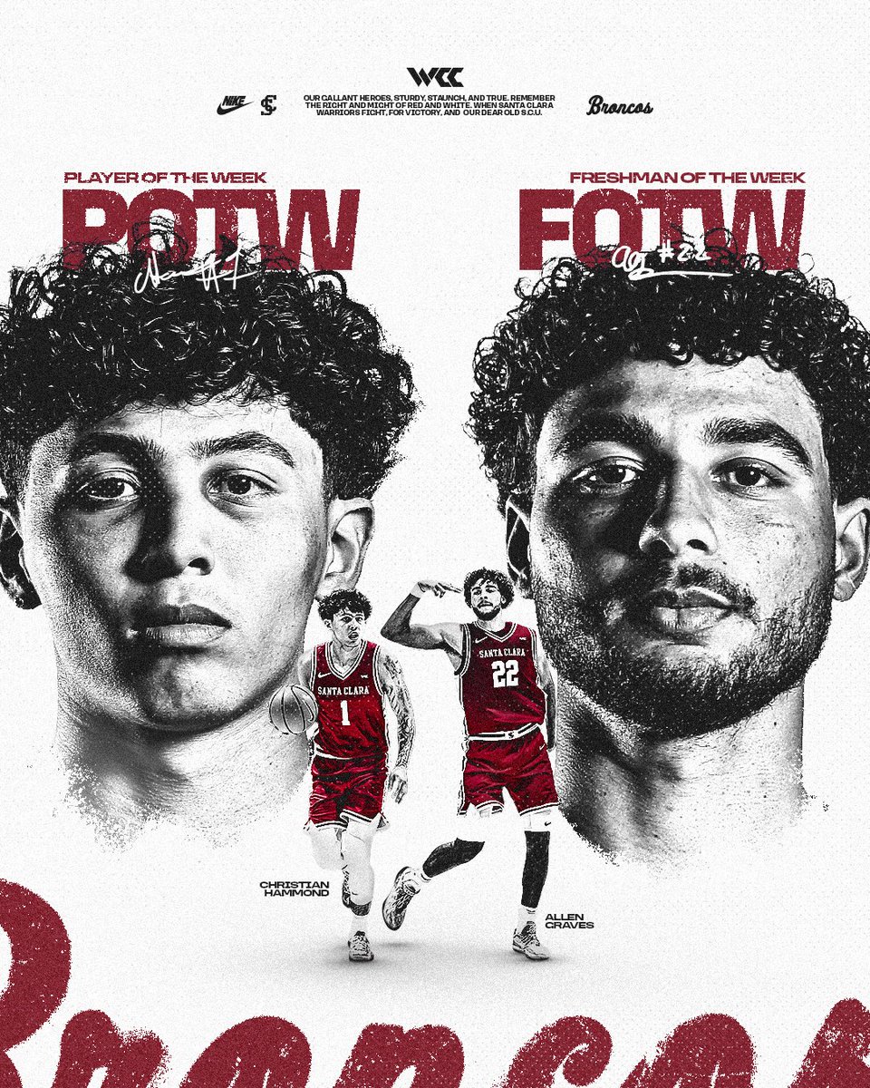 SantaClaraHoops's tweet image. 𝑾𝑪𝑪 𝑯𝑶𝑵𝑶𝑹𝑺🏆

Broncos 𝒔𝒘𝒆𝒆𝒑 the @WCChoops weekly basketball awards!

C. Hammond | POTW
A. Graves | FOTW

📰: santaclarabroncos.com/news/2026/1/19…

#StampedeAhead