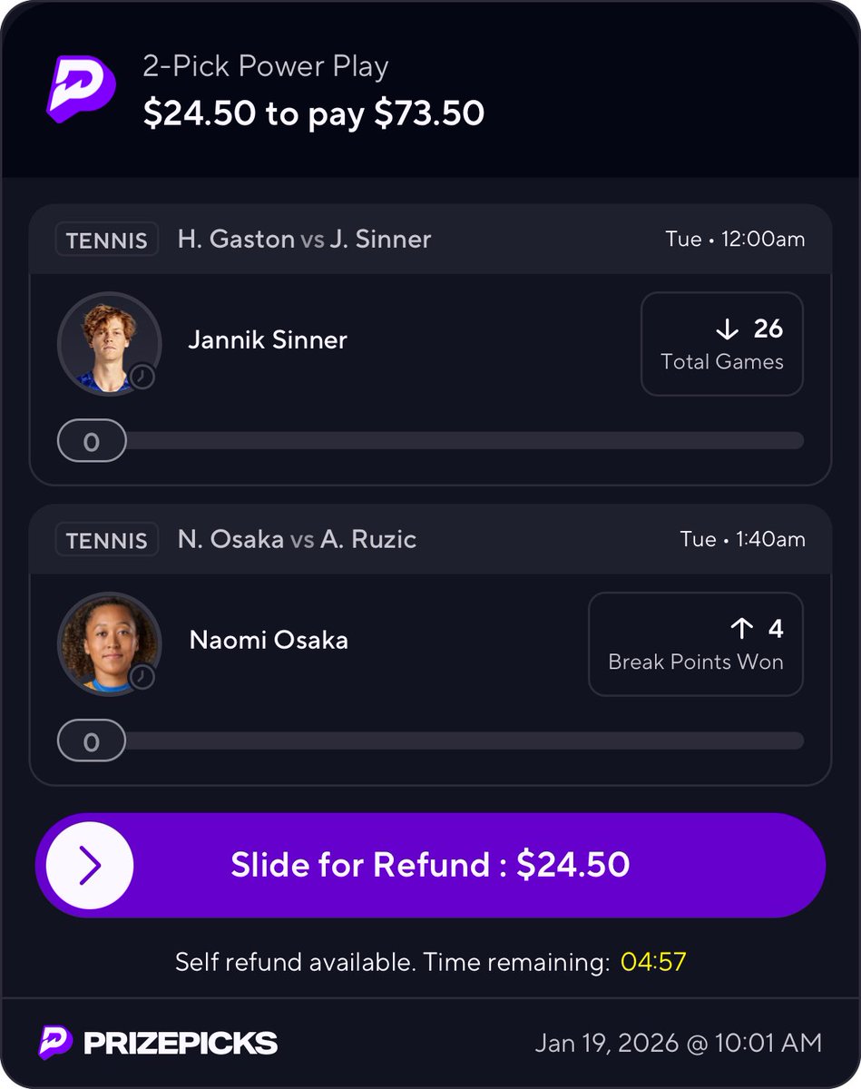 dropshotpoints's tweet photo. 🎾 Australian Open POTD slip 🎾

-Sinner should easily win 6-3 6-2 6-2. He should never break and should break Gaston about half of his services.
-Ruzic cannot should against stronger opposition, good spot for Osaka here to break here a few times. 

I might double dip with FS https://t.co/u59Pv6Ax9F
