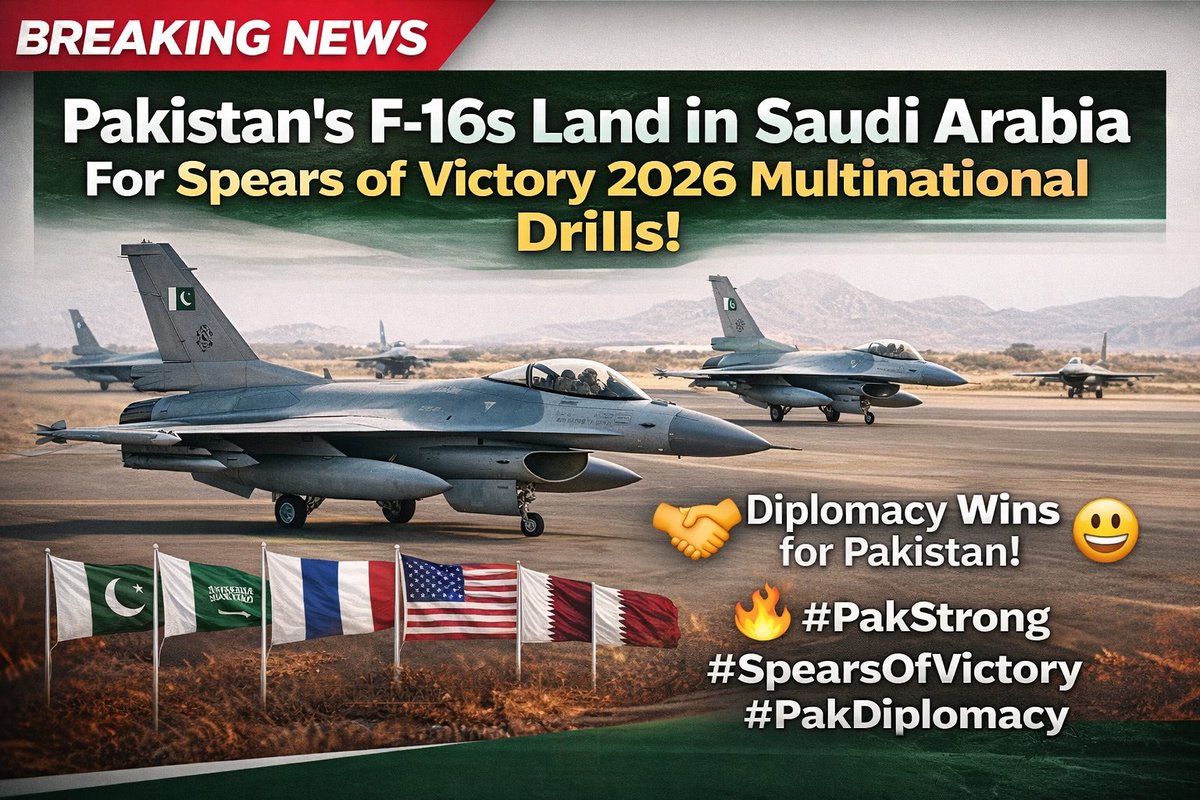 sajidtarar's tweet photo. Breaking: Pakistan’s 🇵🇰 F-16 jets land in Saudi Arabia 🇸🇦 for Spears of Victory 2026 multinational drills — teaming up with France 🇫🇷, USA 🇺🇸, UK 🇬🇧, Qatar 🇶🇦 & more!🤝 Ties booming while US lawmakers draw lines on India.😄 Diplomacy wins for Pakistan! PHZ 🔥
#PakStrong #SpearsOfVictory #PakDiplomacy