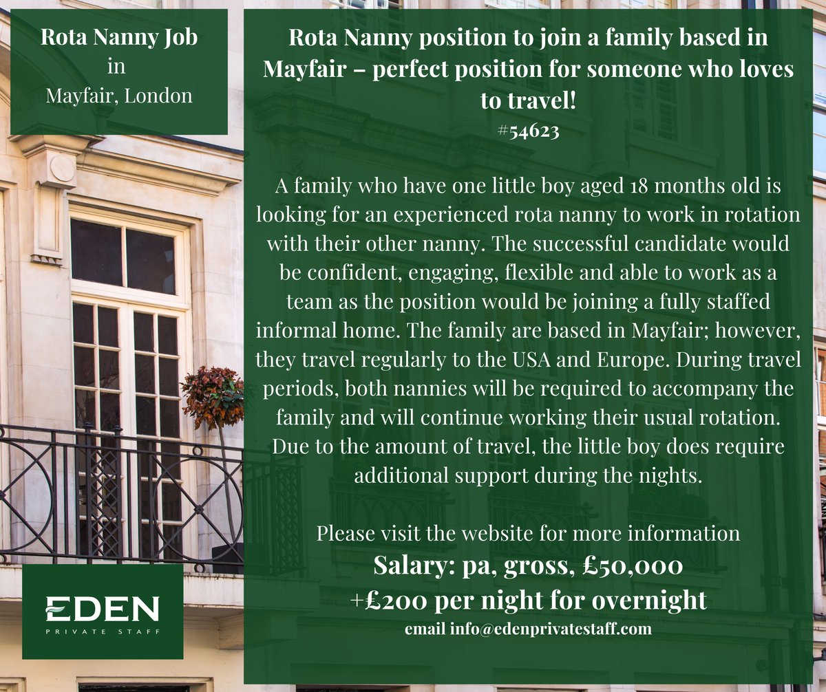 EdenPrivateStaf's tweet image. ✨ Rota Nanny Job – Mayfair Family | Travel to USA &amp;amp; Europe ✨

edenprivatestaff.com/job/rota-nanny…
#RotaNanny #NannyJobs #Mayfair #TravelNanny #ChildcareJobs #PrivateHousehold #HiringNow