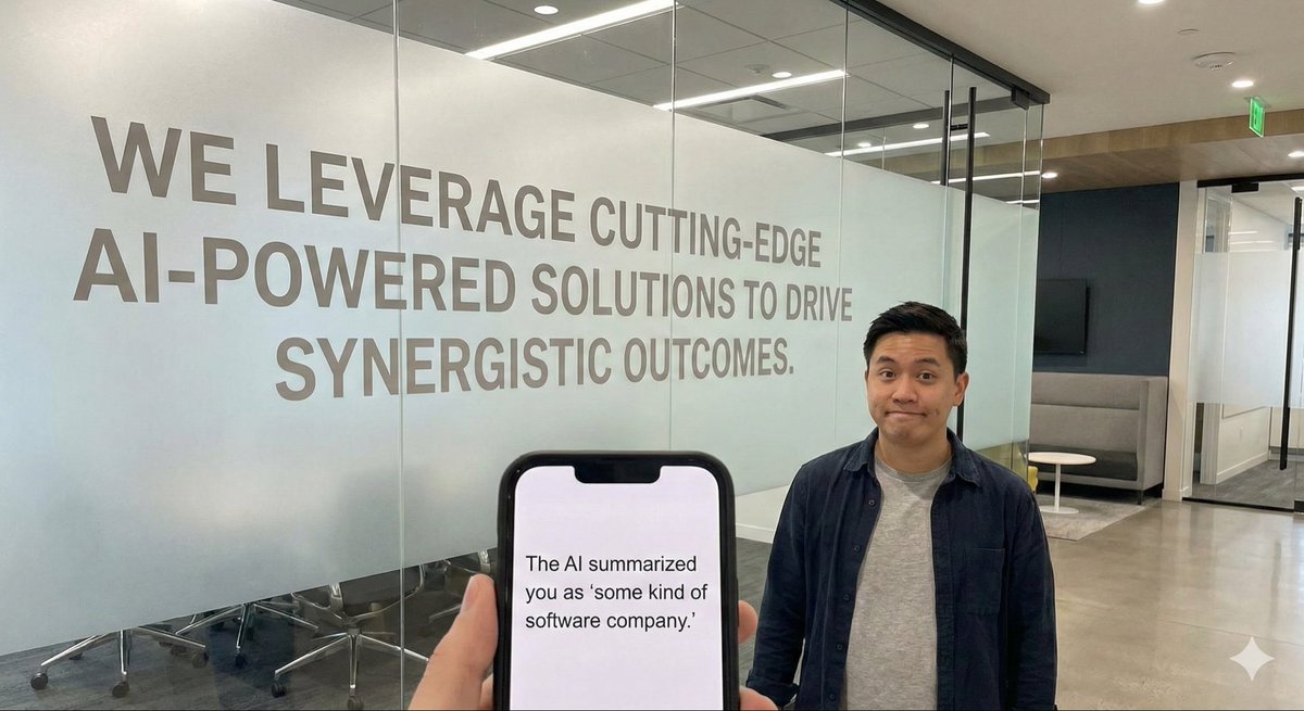 VisibilityLens's tweet image. Your website says ‘we leverage cutting-edge AI-powered solutions to drive synergistic outcomes.’
The AI summarized you as ‘some kind of software company.’