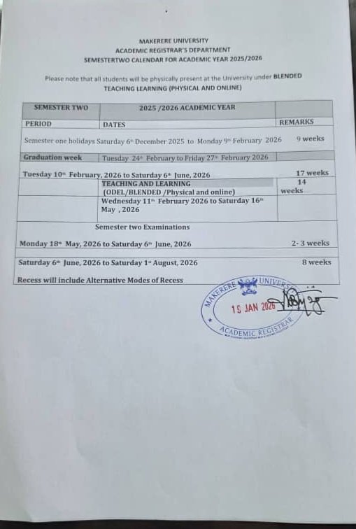 📢  📢  📢  📢
Dear <a href="/Makerere/">Makerere University</a> students, kindly take note of the new reporting dates for semester two and the new academic calendar.