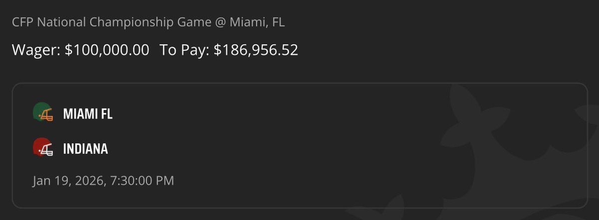 SharpProSports's tweet image. $100,000 CHAMPIONSHIP GAME BET 🏈

MIAMI VS INDIANA 

250 ❤️ &amp;amp; 100 RETWEETS I WILL DROP THE PLAY FOR FREE