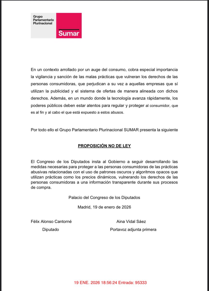 Las aerolíneas usan los precios dinámicos para hacer caja con tragedias como la de #Adamuz. Es inmoral.
La herramienta para pararlo está en el Proyecto de Ley de Consumo Sostenible.
⬇️ Hoy registramos una PNL para que el Congreso regule estos abusos. Los grupos deben posicionarse