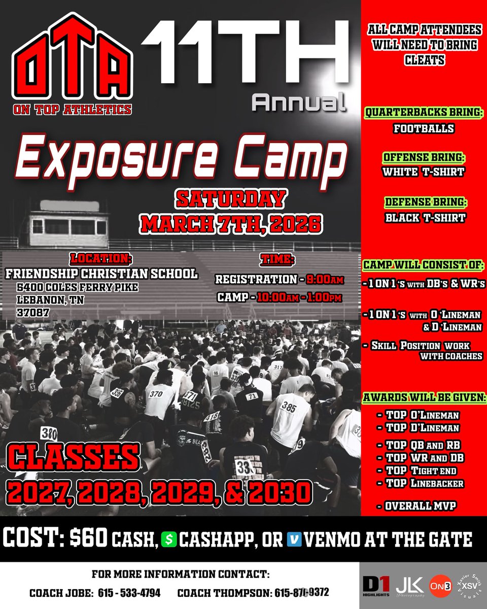 OnTopAthletics's tweet image. Save the date! Saturday March 7th Camp season is around the corner. Lock in 11 years strong! @asdillon @RN_JK808 @bestXthatXists @MISTA_10 @thompsmd23 @CoachSpringtym @CoachMikeWelch @CoachRivers1 @jabaridavis_VFL @strengthcoach34