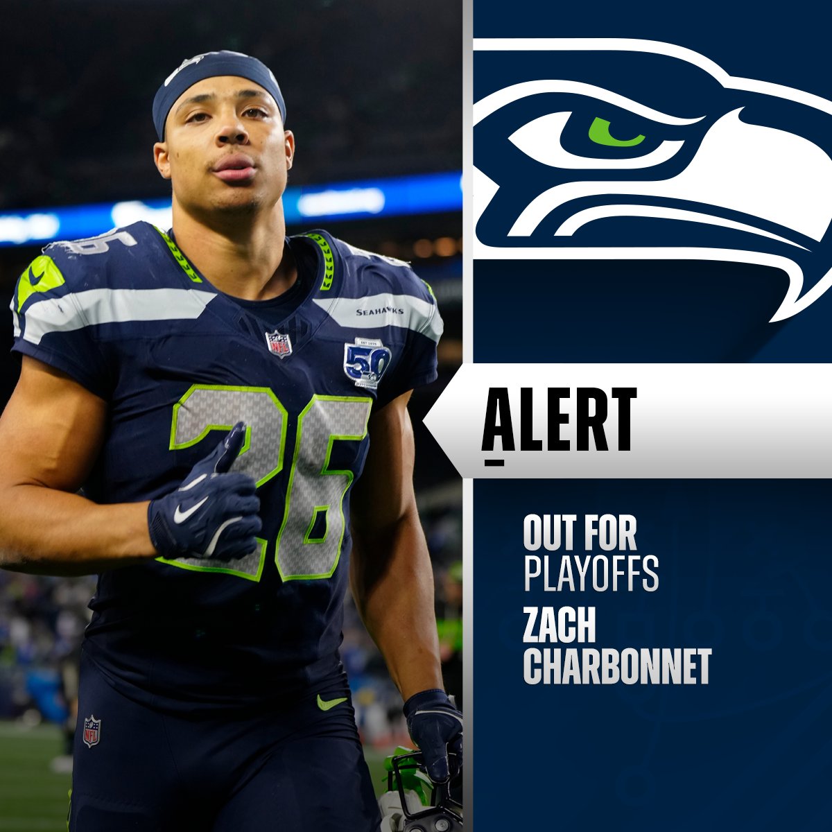 NFL's tweet image. Seahawks RB Zach Charbonnet to undergo knee surgery, out for the remainder of the playoffs.