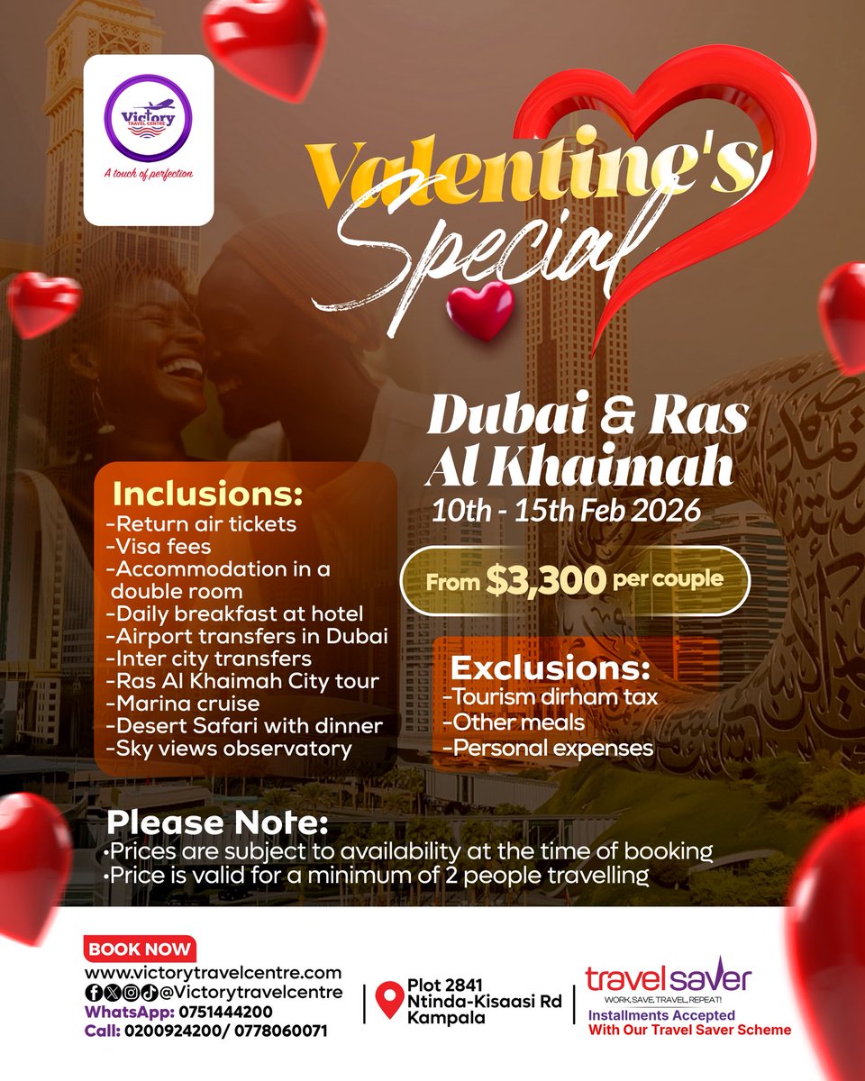 Dubai’s glittering skyline nights, Ras Al Khaimah’s golden desert romance, Zanzibar’s spice-scented sunsets &amp; turquoise kisses 😘 
Mauritius’ overwater paradise whispers 💙
Which love story are you writing in the Love Month of February.
DM us now via +256751444200 to book.