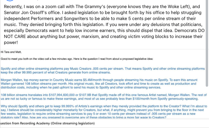 Bmadmusic's tweet image. #Democrats have always said, "We fight for the "little guy!" How do you square these words w/ how my exchange went between me #JonOssoff's office trying to get them to draft legislation raising $ for #streams to #Creators from .005 cents to 5 cents @ossoff @SenOssoff #Georgia