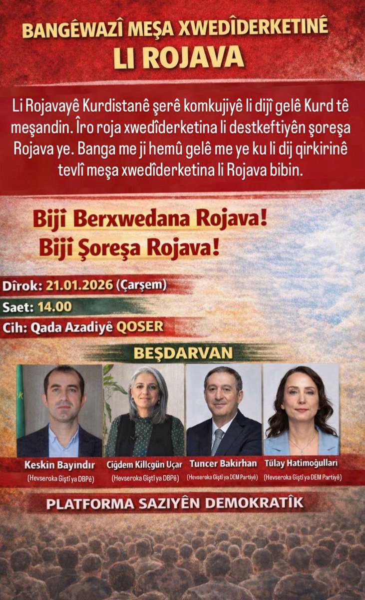 BeritanGns's tweet photo. Efrin’e işgal saldırısı başlatılmasının yıldönümünde; dün IŞİD’i mahkûm eden iradeden, bugün dünyanın sessiz onayıyla intikam alınıyor. Ateşkes mutabakatlarına rağmen insani yardım kuruluşu Heyva Sor’un hedef alınması, açık bir savaş suçudur! Kürt kırımını gerçekleştirmek yolunda IŞİD tehlikesinin yeniden hortlatılmasına müsaade edenler, tarihin kara sayfalarında yerini alacaktır. 
Efrin’den Kobanê’ye uzanan bu kuşatma, Kürt varlığını hedef alan topyekûn bir imha saldırısıdır. Gün, Rojava’yı her zamankinden daha güçlü sahiplenme günüdür. Bu karanlık kuşatma mutlaka dağılacak onuruyla direnen Kürt halkı mutlaka ama mutlaka kazanacaktır. Dünyanın neredesinde olursa olsun, tüm Kürtleri ve dostlarını Rojavayi sahiplenmeye çağırıyoruz!

@demmardin
@MardinDbp
@TjaMardin