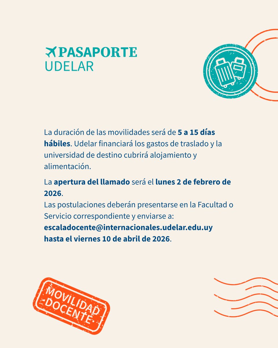 🌎 Convocatoria 2026 al Programa ESCALA Docente de <a href="/AUGMoficial/">Asociación de Universidades Grupo Montevideo</a> 

🗓️ Plazo: 10 de abril de 2026
ℹ️ udelar.edu.uy/convocatoria/p…