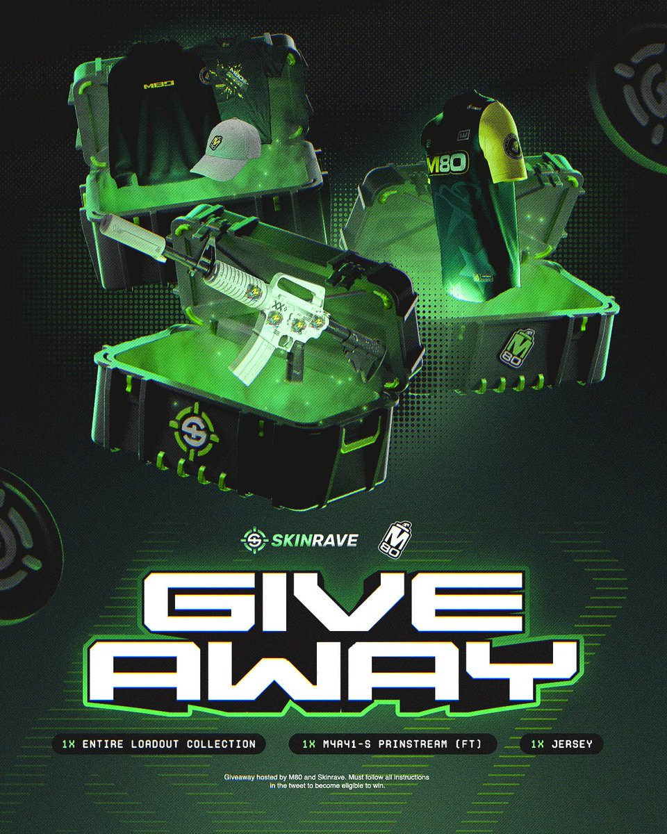 ~800$ MEGA GIVEAWAY🍀 this is your chance for Skinrave balance and M80 merch!

To enter:
- Retweet the post
- Sign up on skinrave.gg/en/r/m80, comment your ID and tag a friend
- Follow <a href="/skinravegg/">SkinRave.gg</a> and <a href="/M80gg/">M80 💣</a> 

Giveaway ends in 14 days, good luck!