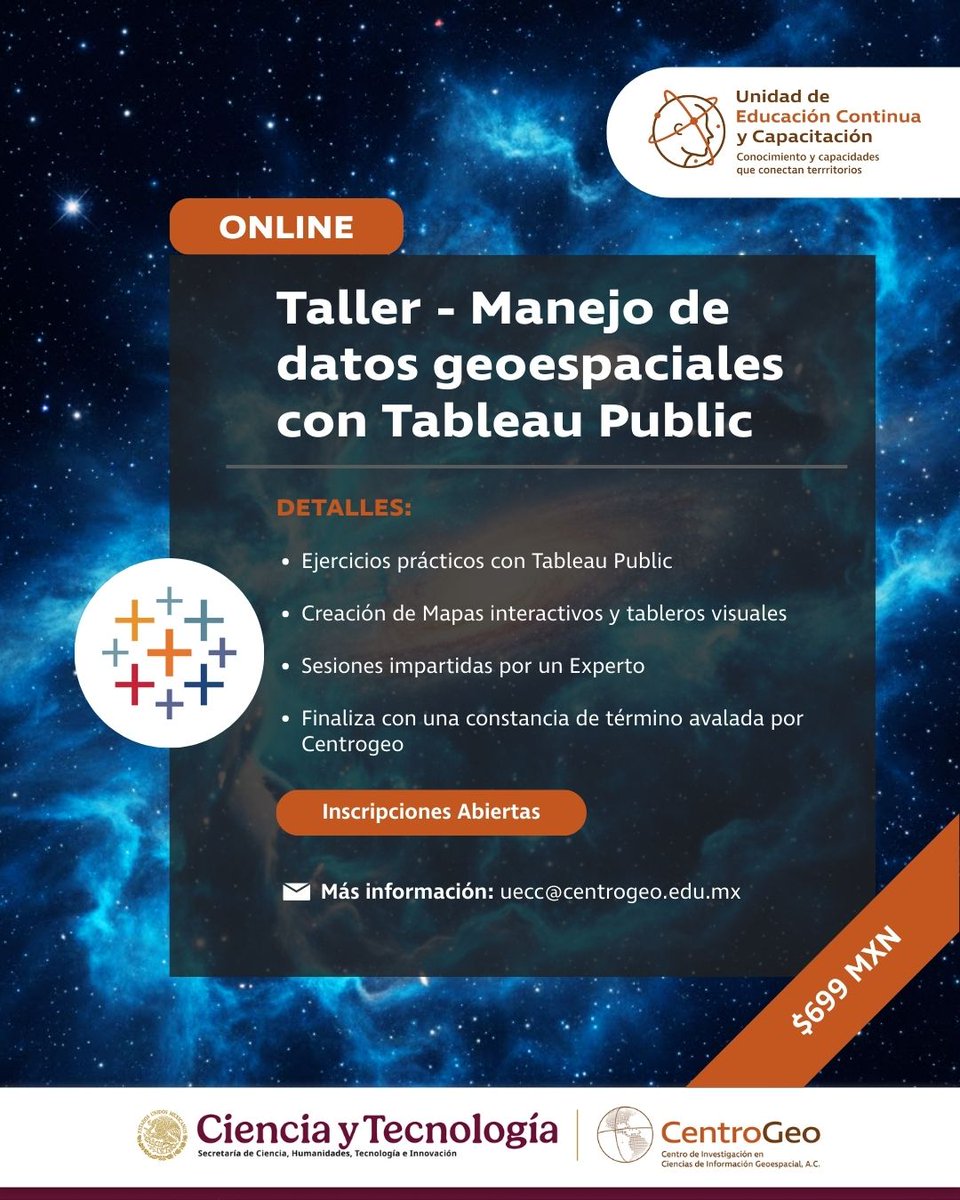 Enlace al taller aquí: linktr.ee/cgeo

Aprende a representar información territorial mediante mapas interactivos y visualizaciones claras. Este taller te permitirá adquirir las competencias necesarias para el análisis y la comunicación de datos geoespaciales con Tableau.