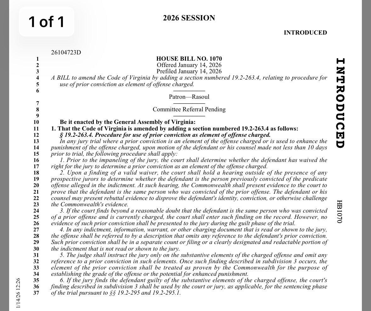 NoVA_Campaigns's tweet photo. Virginia Democrats introduce bill to prohibit the State from mentioning an accused criminal’s prior convictions to the jury during the “guilt phase” of the trial

Protecting serial criminals in court. https://t.co/7XAVRPvgrq