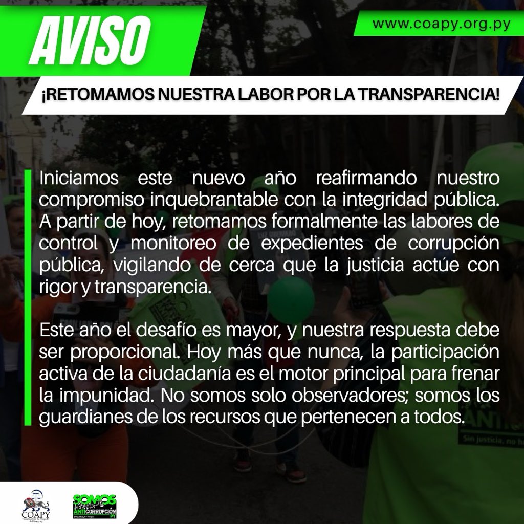 🇵🇾PROHIBIDO RENDIRSE!
✅Luchamos por vos, por mí, por nosotros, por nuestros afectos, por quienes vienen después.

✅Luchamos porque merecemos un país donde robar no sea rentable y donde la ley no sea un privilegio.

🫂Abracemos esta lucha. Cuidémonos entre nosotros; porque SIN