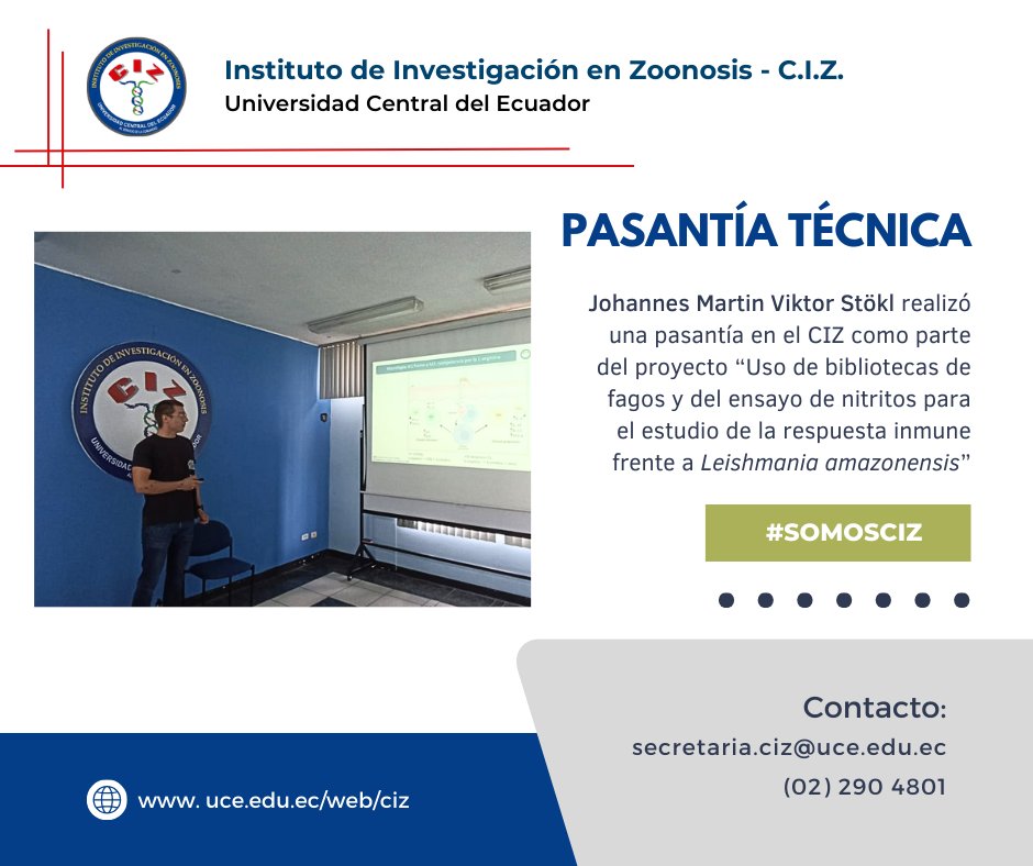 📌Johannes Martin Viktor Stökl, estudiante de la Universidad de Lübeck (norte de Alemania), presentó los resultados de su pasantía técnica centrada en el estudio de Leishmania amazonensis.

#SomosCIZ #PasantíaTécnica #Investigación #Leishmania #CooperaciónInternacional