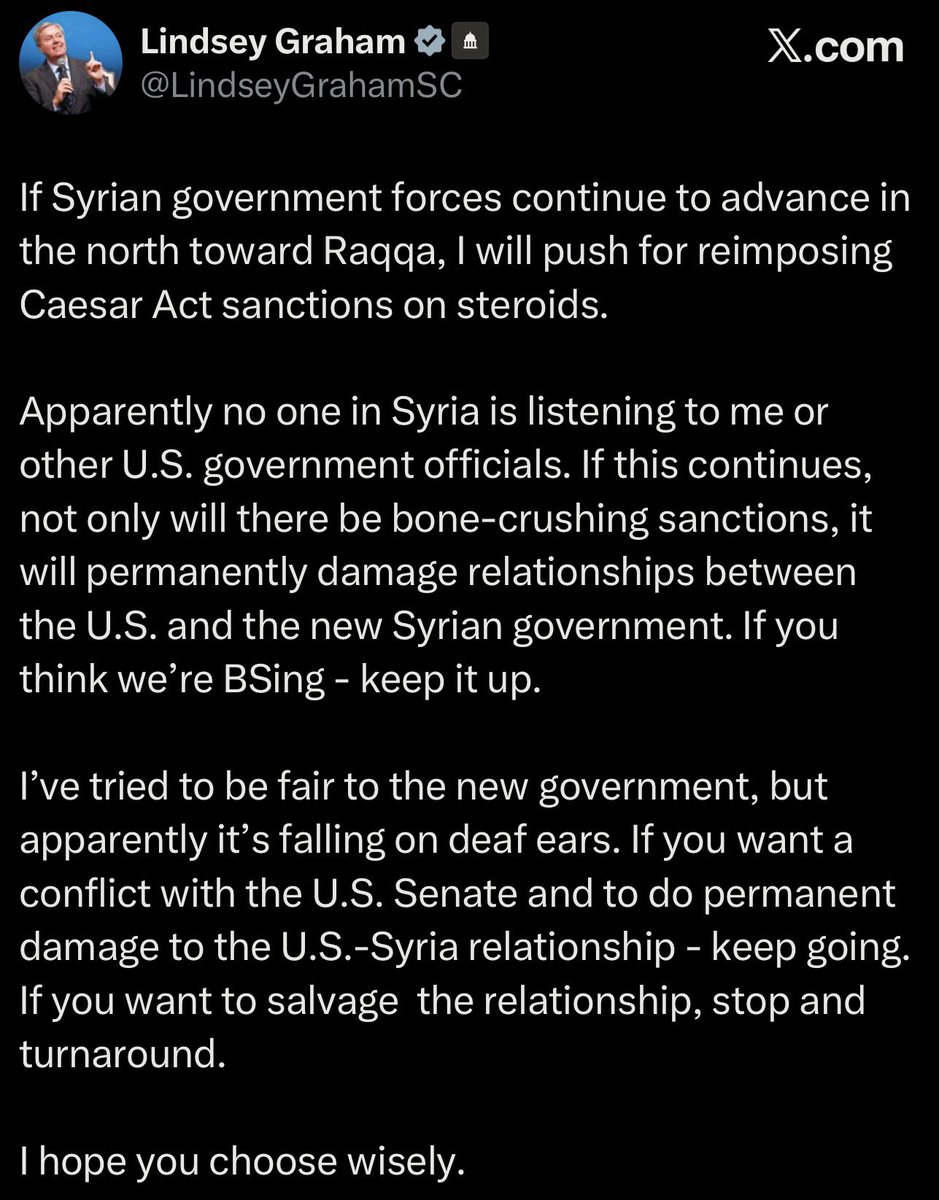 RonFilipkowski's tweet photo. I thought Trump said the Syrian government was our friend now? He invited their president to the Oval Office and praised him effusively. Gave him a bottle of Trump Cologne. Even sprayed some on him to give him a sample. The Senator from Tel Aviv apparently doesn’t agree: https://t.co/R9irN4XYsv