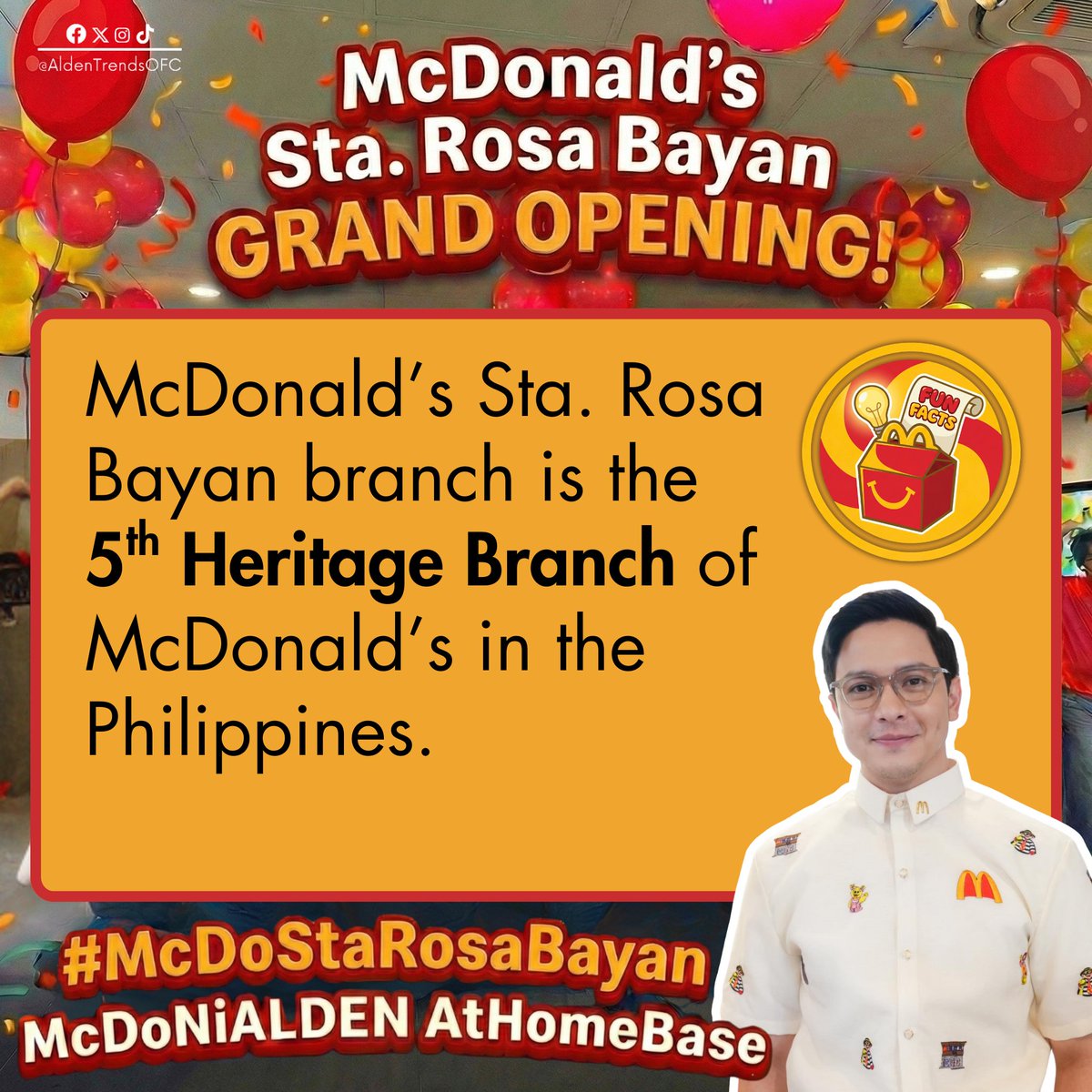 AldenTrendsOFC's tweet photo. Modern Cravings. Historic Soul. ⏳🍔

They didn't come here to rewrite history. They came to become PART of it.

McDonald's Sta. Rosa Bayan holds the prestigious title of being the 5th Heritage Branch in the Philippines.

They've blended the classic colonial aesthetic of Sta. Rosa with the future of fast food.

It’s where the PAST meets the PRESENT—and the collision is delicious.

Come for the food, stay for the vibe.
This is dining with CHARACTER. 🥃🧱

@aldenrichards02 
#McDoStaRosaBayan
#ALDENRichards
McDoNiALDEN AtHomeBase