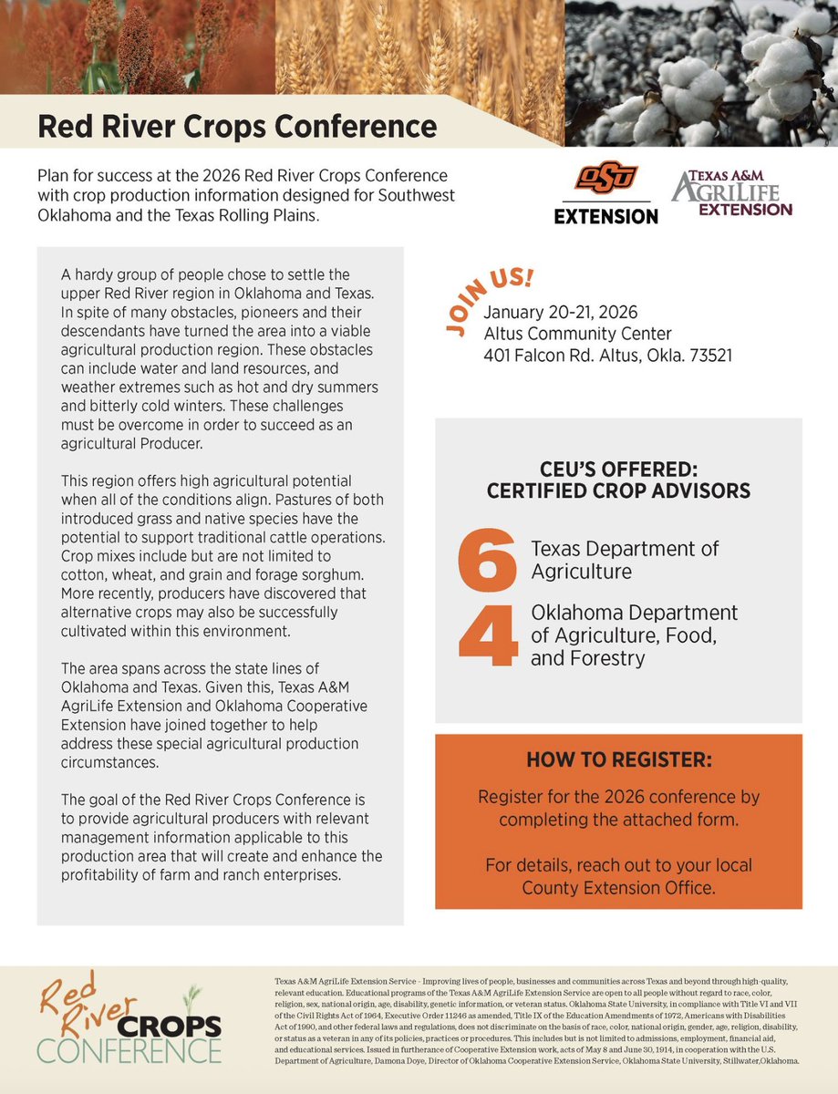 ⏰ Conference Reminder — It Starts Tomorrow!  The Red River Crops Conference kicks off tomorrow, bringing two full days of timely, research-driven information for producers across Southwest Oklahoma and the Texas Rolling Plains.

We look forward to seeing you there!