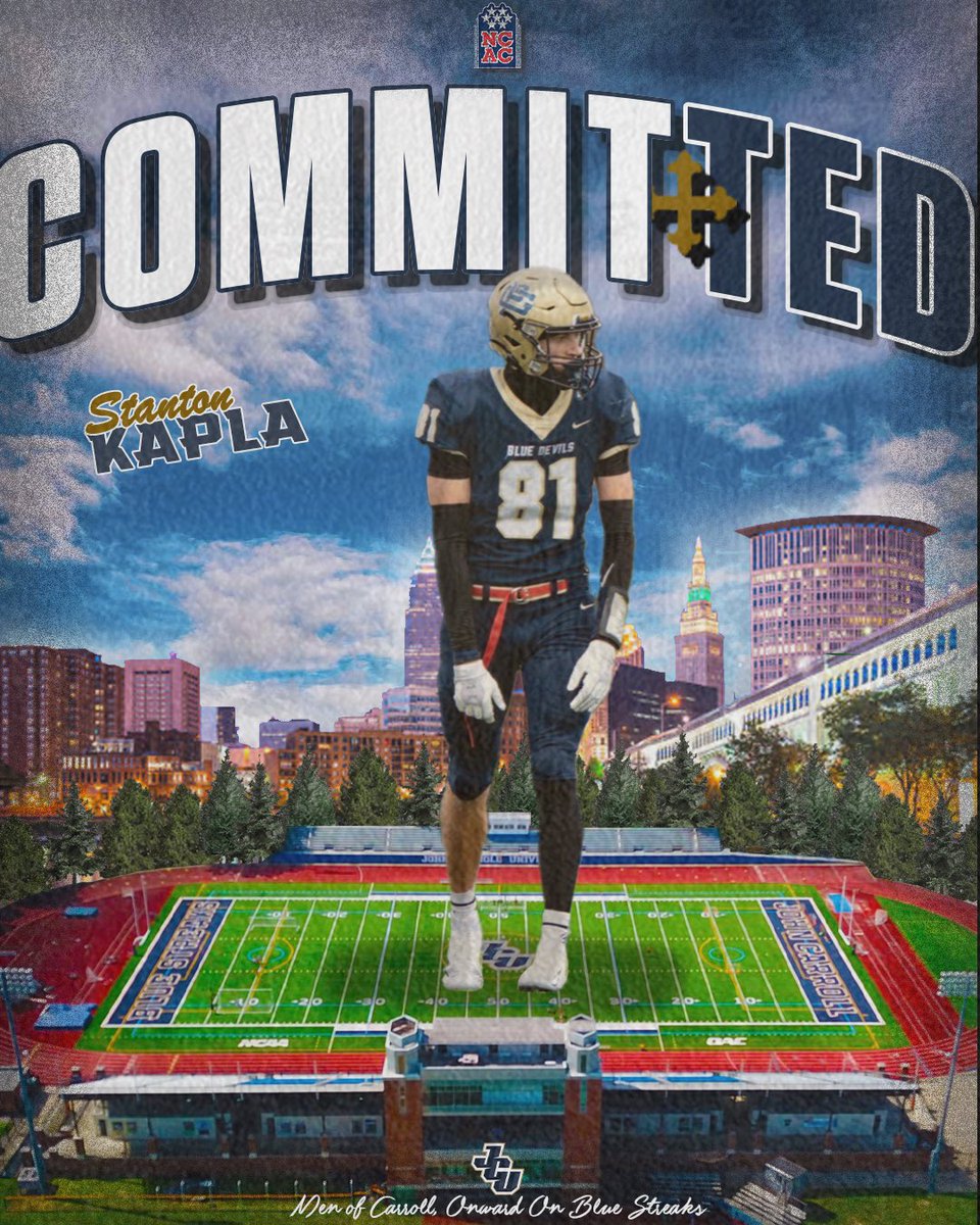 100% Committed to <a href="/JCUFootball/">John Carroll Football</a>!! Thank you coaches! I’m grateful for my family and friends who are always there for me, I’m nothing without them. #gostreaks #commited 
<a href="/BrianPolian/">Brian Polian</a> <a href="/GPSouth_AD/">Grosse Pointe South Athletics</a>