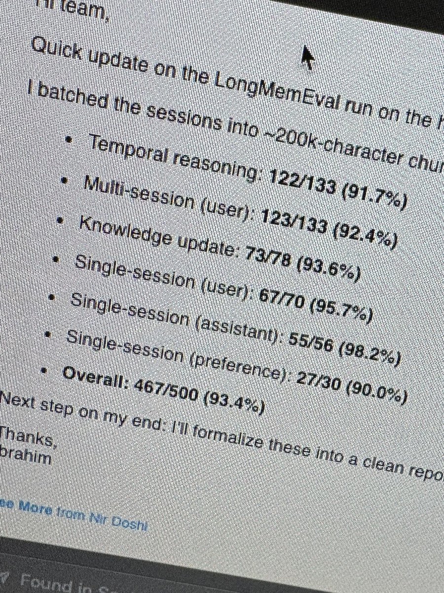 Rendering benchmarks obsolete is fun. Publishing soon alongside open source repeatability soon. 

Ps. We’re an API company so anyone can repeat this any time. This was done on our prod environment. 

#longmemeval #temporalresonance #sota