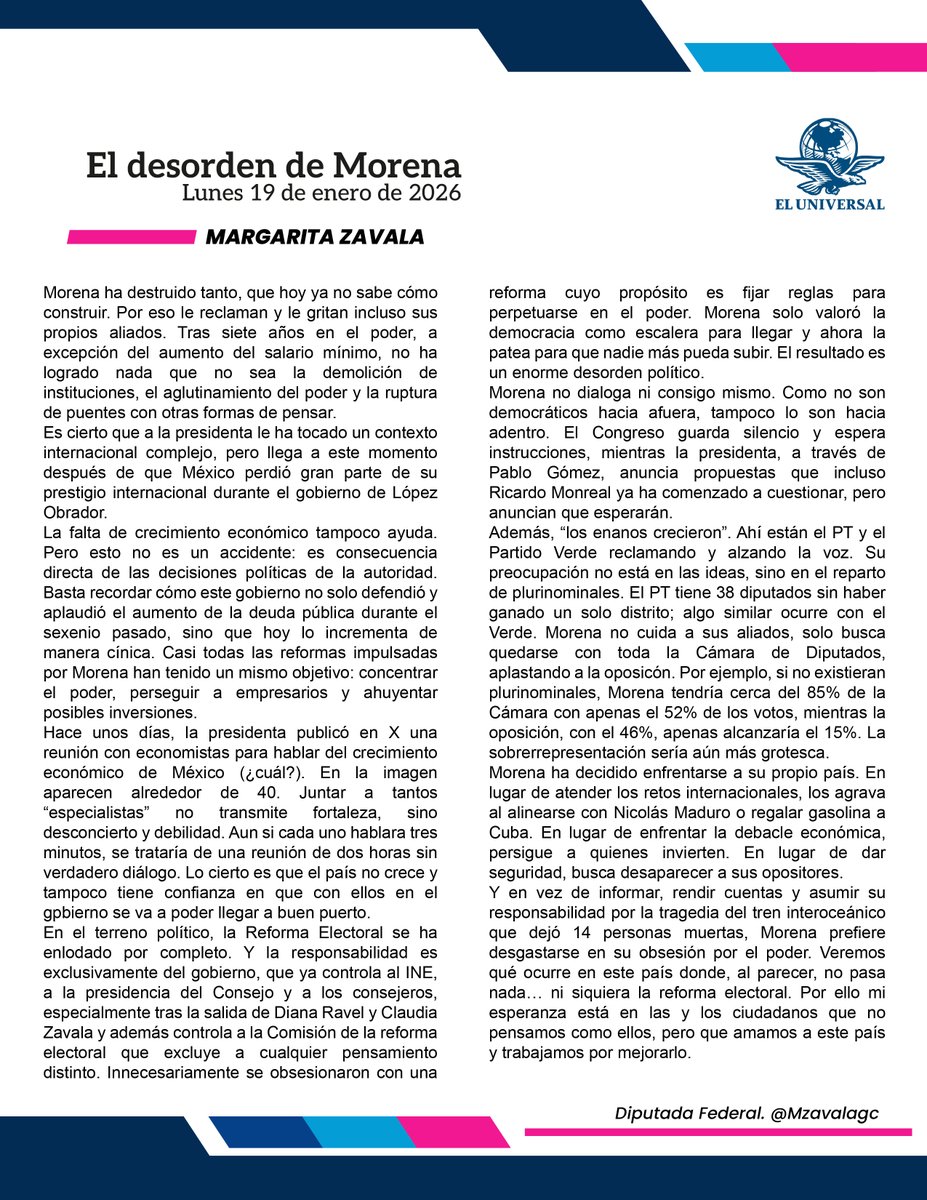 En vez de informar, rendir cuentas y asumir su responsabilidad por la tragedia del tren interoceánico que dejó 14 vidas, Morena prefiere desgastarse en su obsesión por el poder. 

Por ello mi esperanza está en las y los ciudadanos que no pensamos como ellos, pero que amamos a