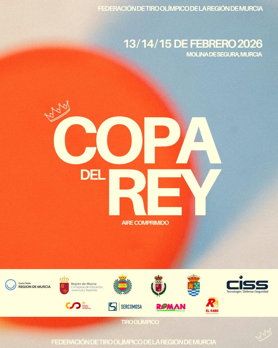 🏆 COPA DEL REY 🏆

Los clásicos nunca fallan.

📍Murcia acogerá de nuevo el máximo nivel del Tiro Olímpico Nacional los días 13, 14 y 15 de febrero, en nuestras instalaciones.

📆Tres días de emoción, precisión y espectáculo al más alto nivel.

🔥 No os lo perdáis