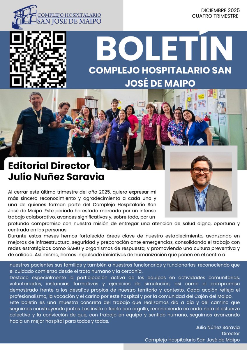 📘 Ya está disponible nuestro Boletín Institucional – Último Trimestre 2025
El Complejo Hospitalario San José de Maipo comparte con la comunidad su Boletín Institucional.
Puedes revisar el boletín en el siguiente link
online.fliphtml5.com/wybrg/jyiu/
O también a través del correo QR