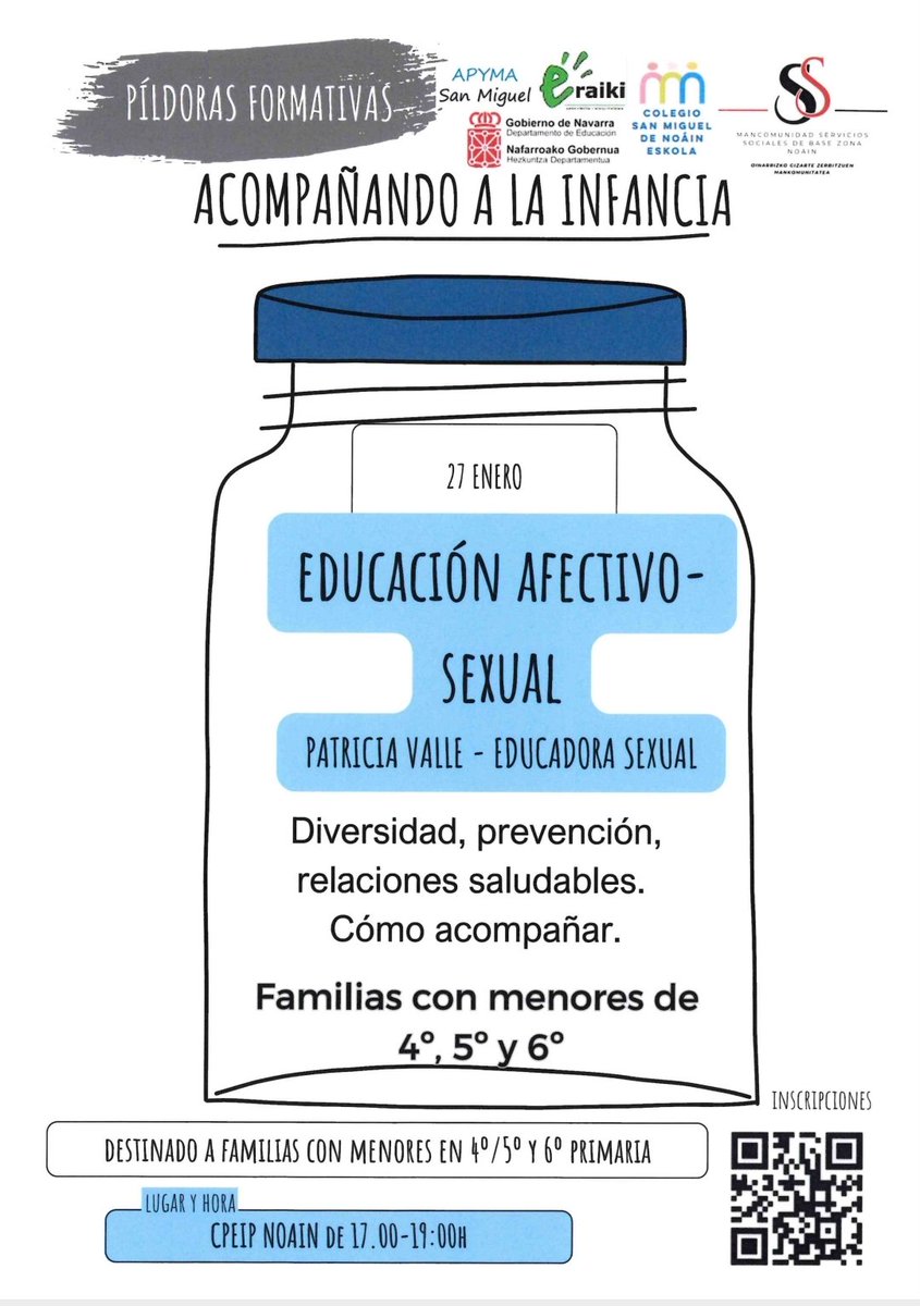SSBNoain's tweet photo. 📢📢 Acompañando a la infancia. Educación afectivo-sexual📢📢
🏫Colegio Público San Miguel de Noáin
🗓️ 27 de enero
🕝 17:00/19:00
Imparte: Patricia Valle 
Inscripciones: https://t.co/4grbuuq4ay https://t.co/cXugcrBQJV