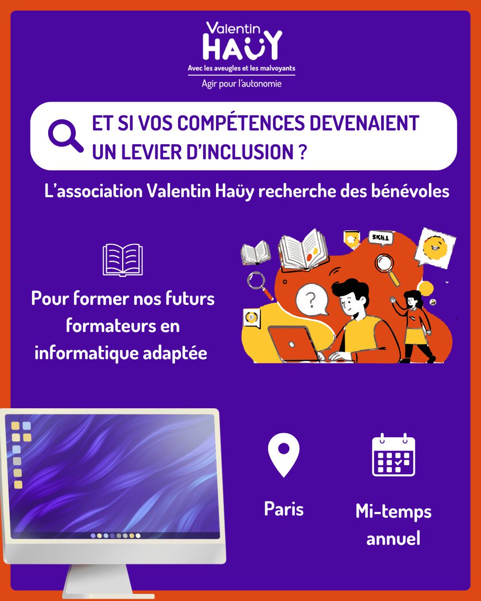 ValentinHauy's tweet image. 🔎 Vous avez des compétences en #informatique &amp;amp; envie de vous engager ? L’association Valentin Haüy cherche des #bénévoles pour aider des personnes aveugles ou malvoyantes à gagner en autonomie.
📍 Paris 
👉 Donnez du sens à vos compétences et rendez le #numérique accessible.